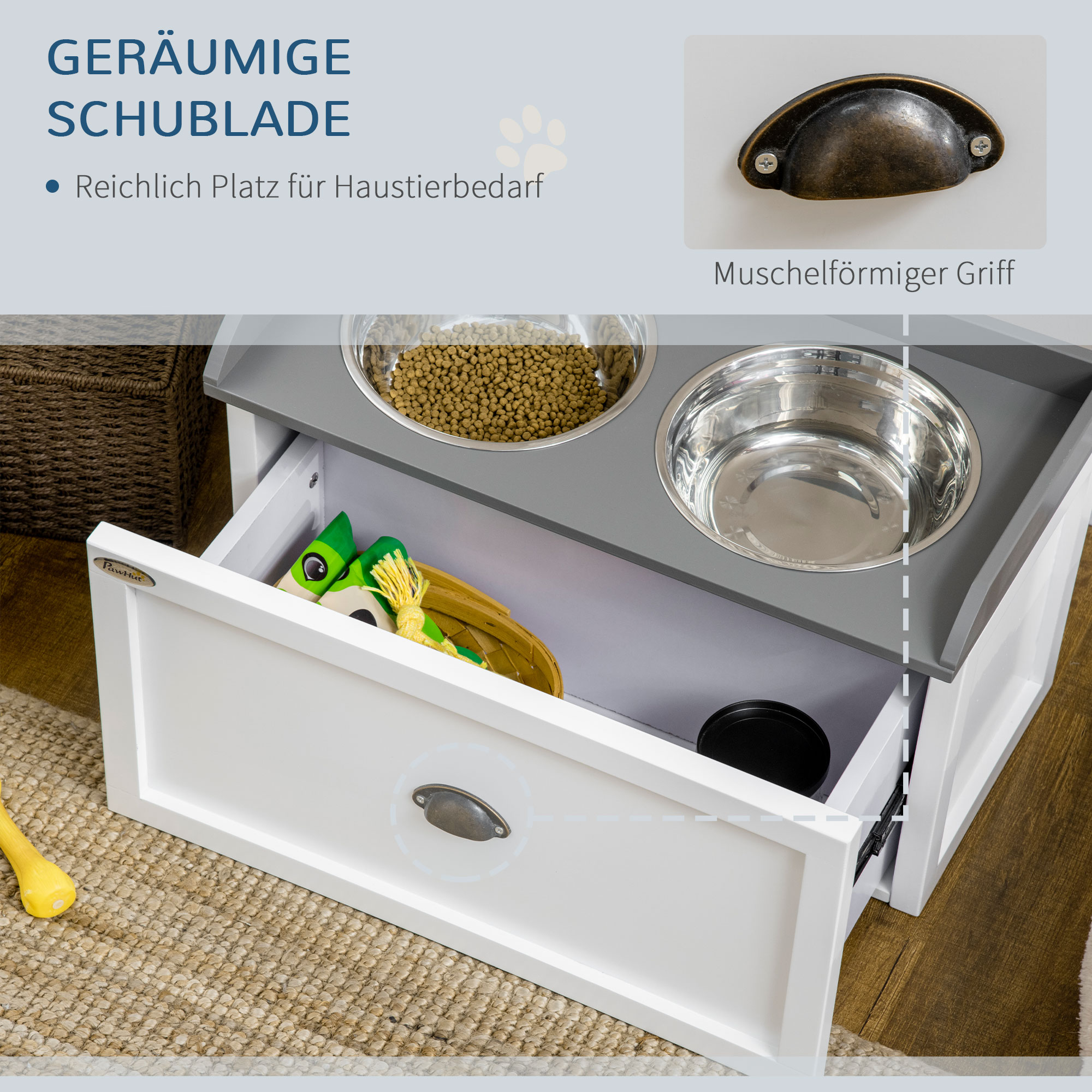 Futterstation, 2 Fressnäpfe je 2 Liter, Edelstahl, mit Schublade, für große Hunde, weiß+grau, 60 x 30 x 36 cm