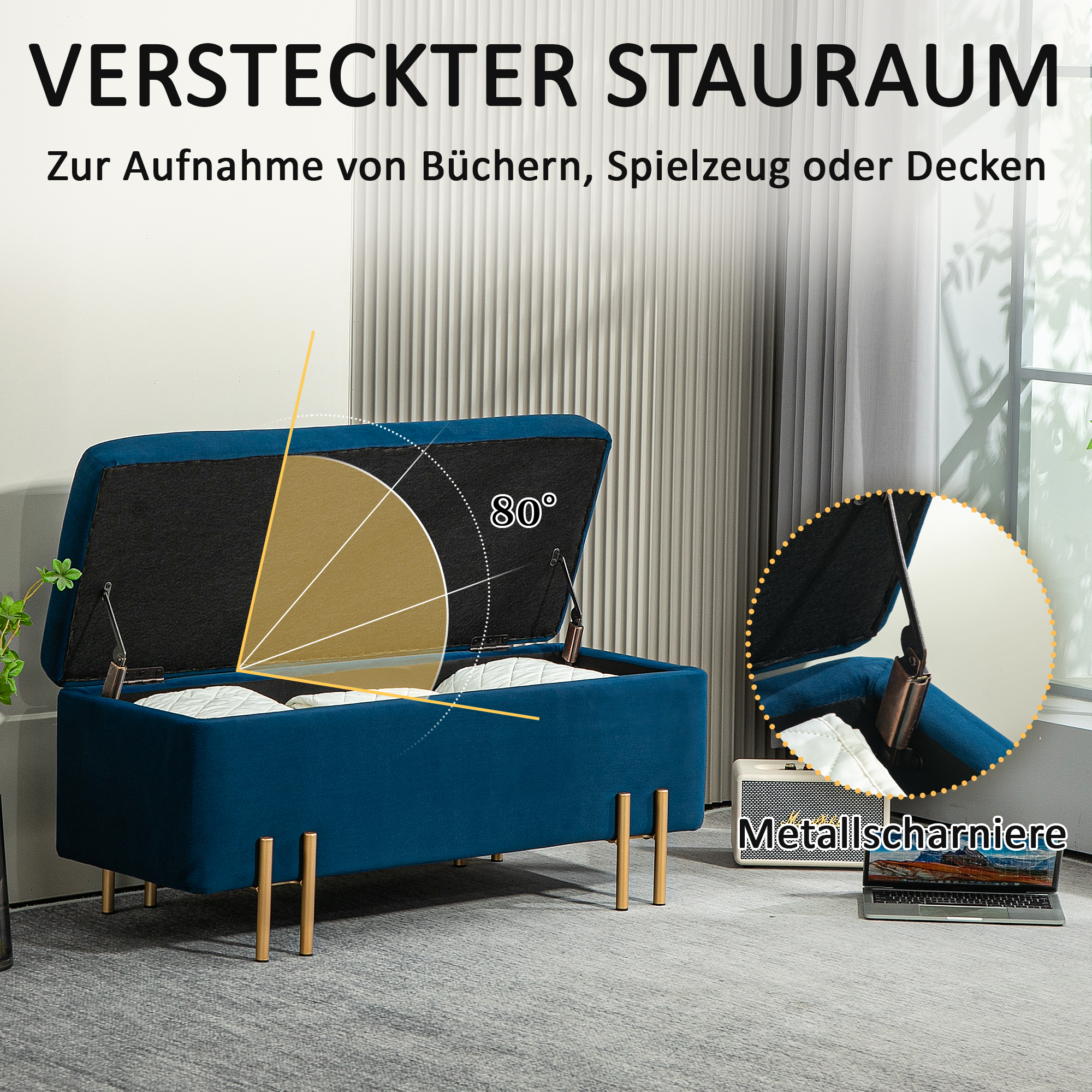 Sitzbank, Polsterbank mit Stauraum, Metall, Kautschukholz, Schaumstoff, 100 x 40 x 42 cm, Dunkelblau