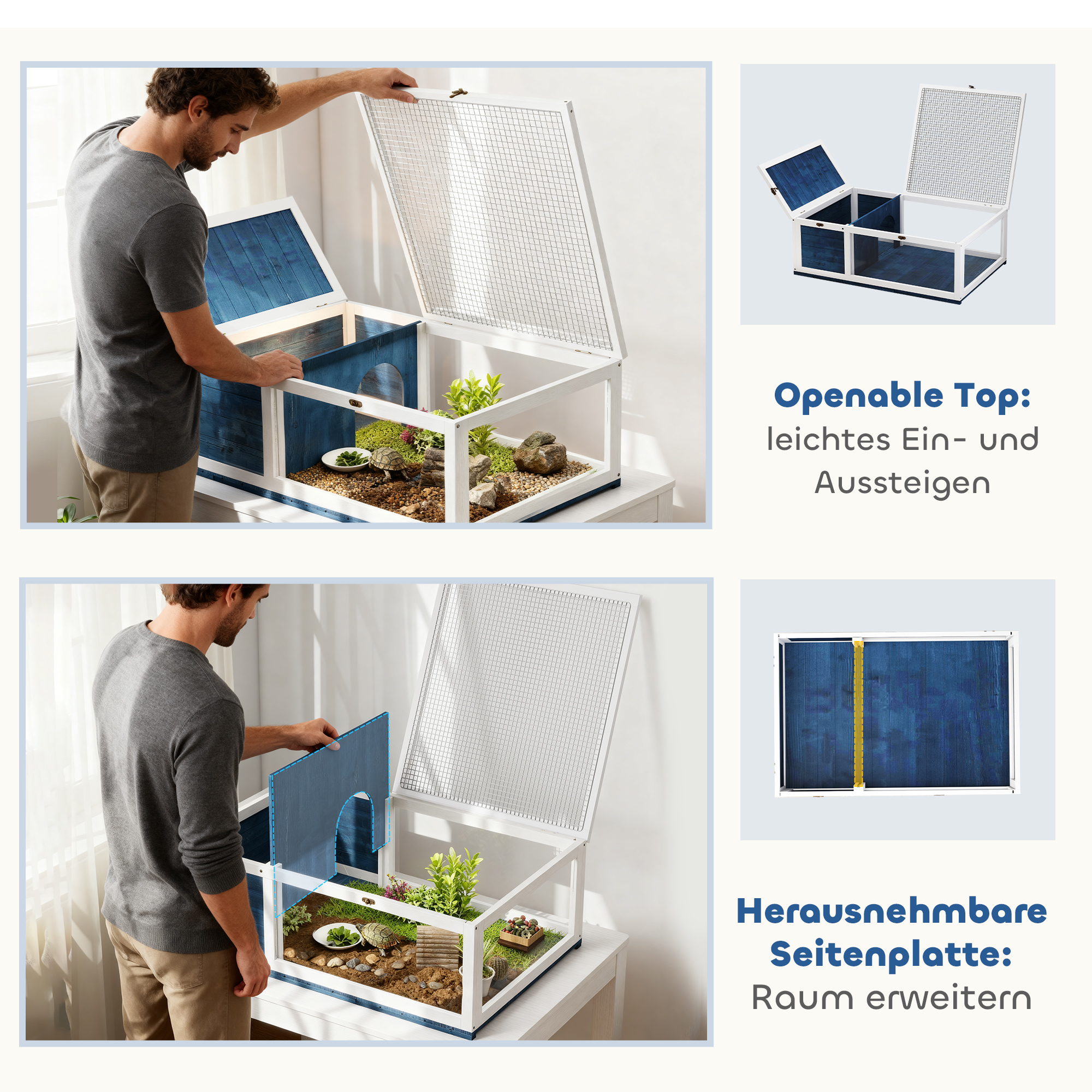 Schildkrötenhaus aus Holz Schildkrötengehege mit Haupthäusern aufklappbarem Oberseite 91x60,5x32 cm, Blau