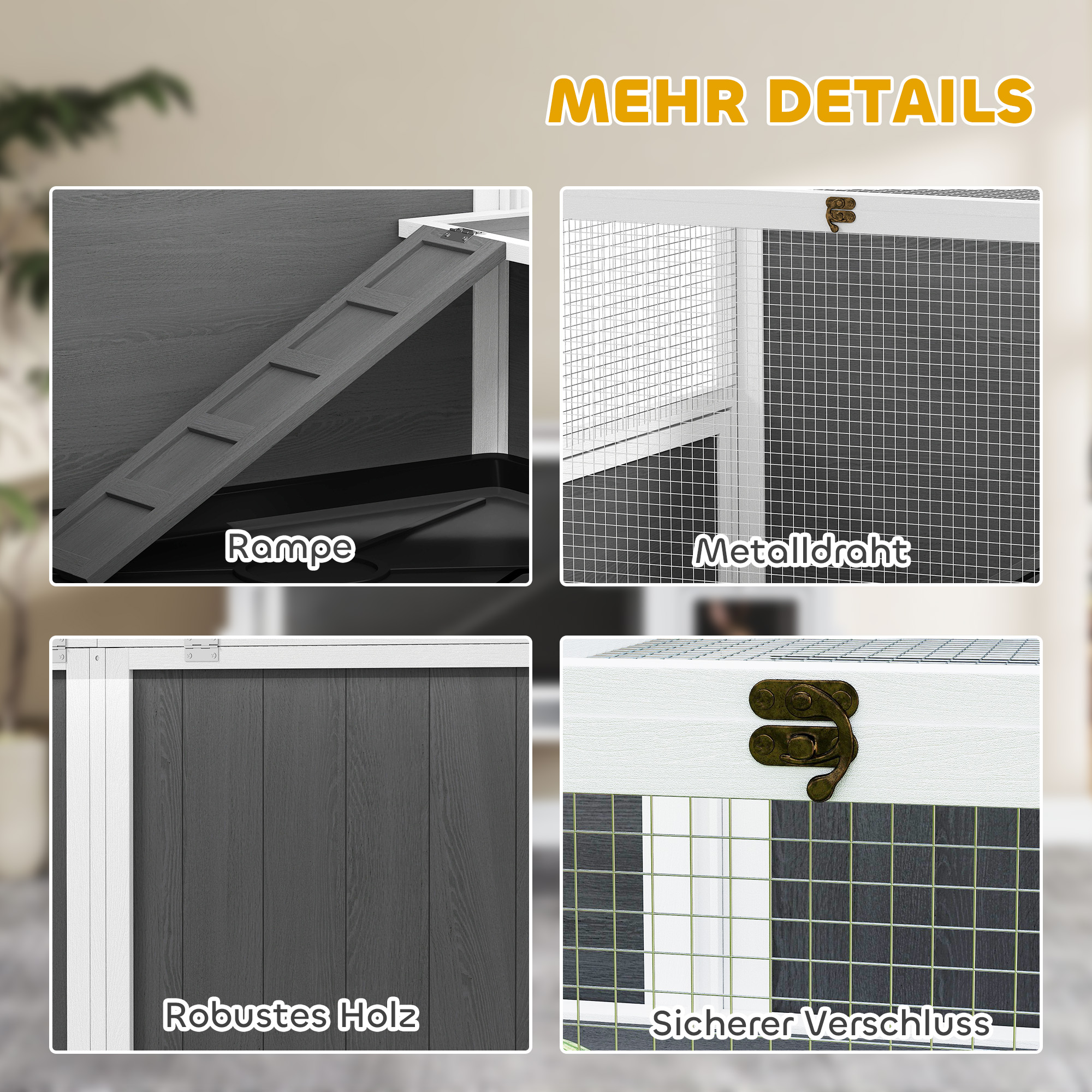 Kleintierstall für Zwerghamster, Kaninchen, Meerschweinchen, mit Zubehör, erhöhtes Design, Holz, Metall, Grau