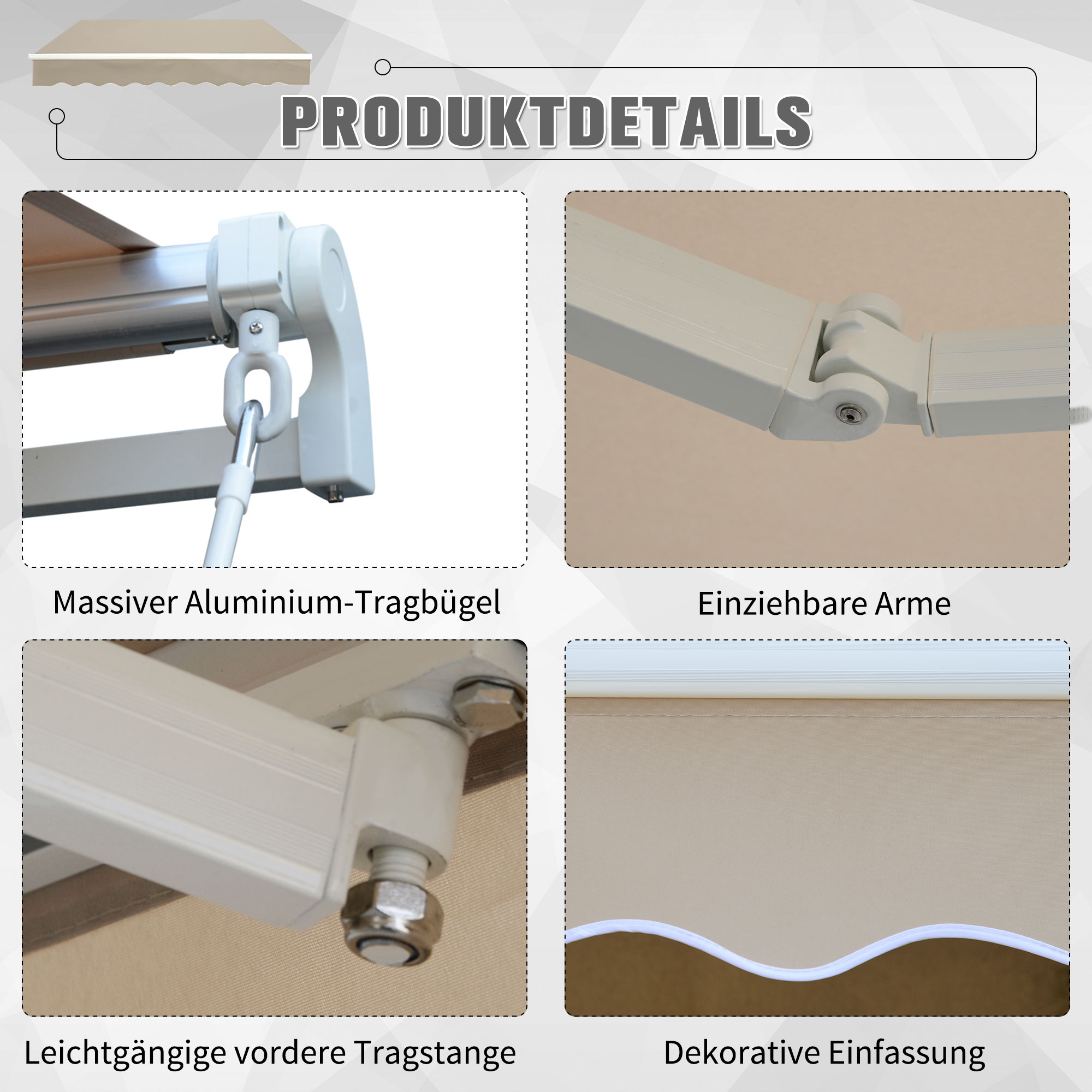 Gelenkarmmarkise Verstellbare Klemmmarkise Terrassenmarkise 3,95 x 3m Sonnenschutz mit Kurbel, Balkonmarkise, Beige