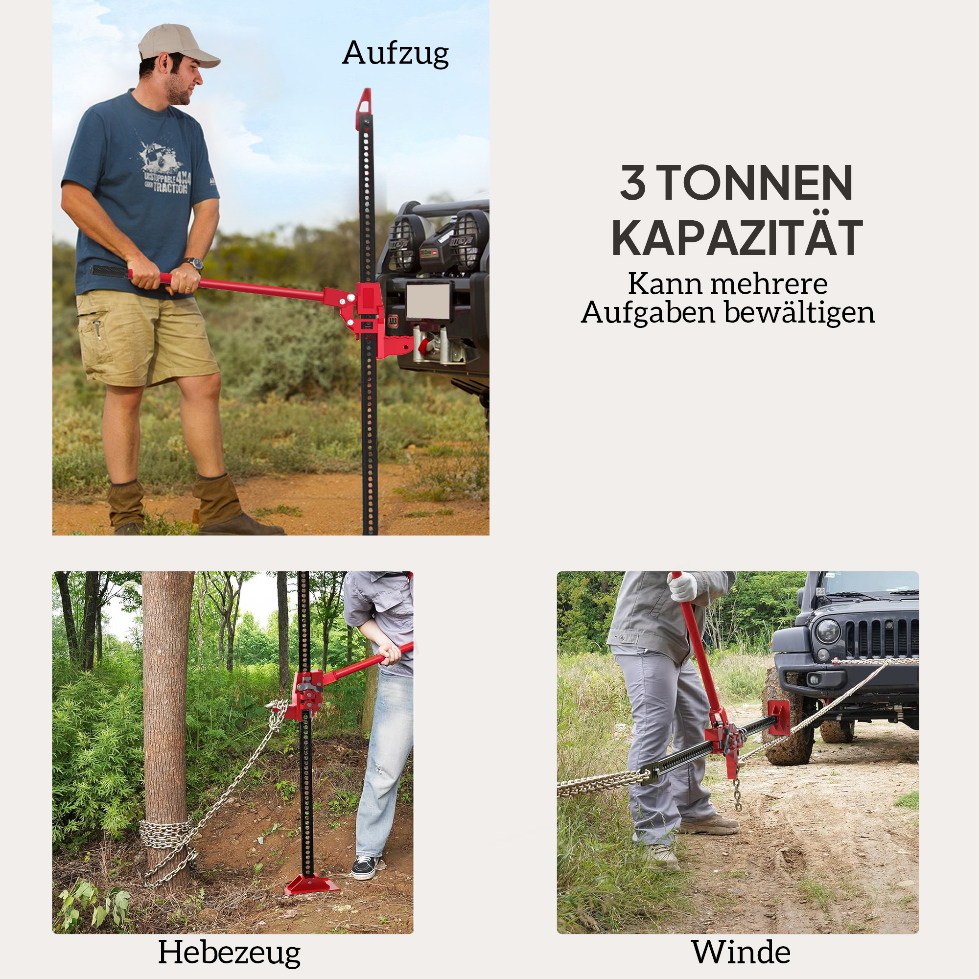 Farm Jack Wagenheber 135 cm 3000 kg Tragkraft Offroad Stockwinde aus Stahl Rot+Schwarz