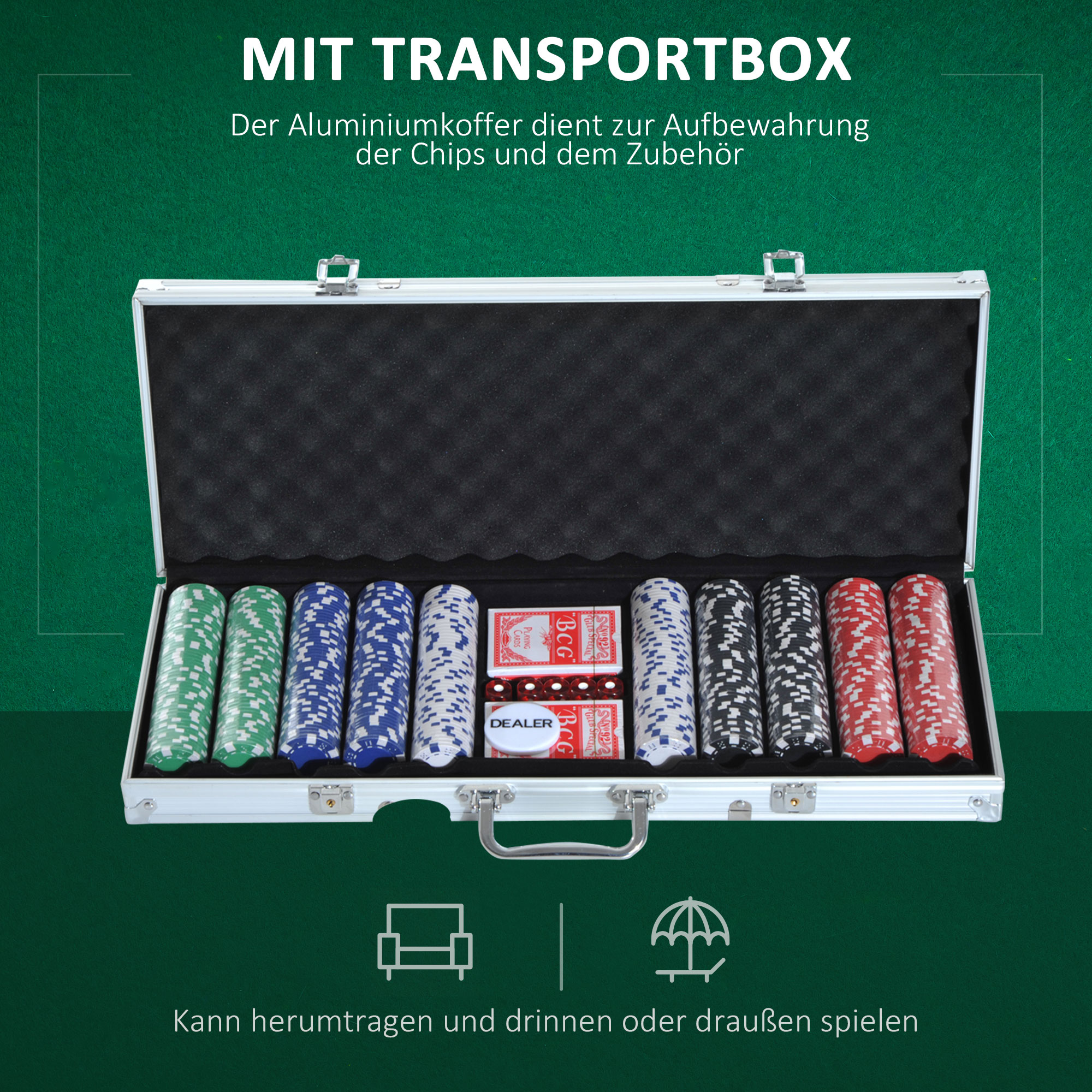 Pokerset, 500 Chips, 2 Kartendecks, 5 Würfel, Aluminium-Koffer, verschließbar