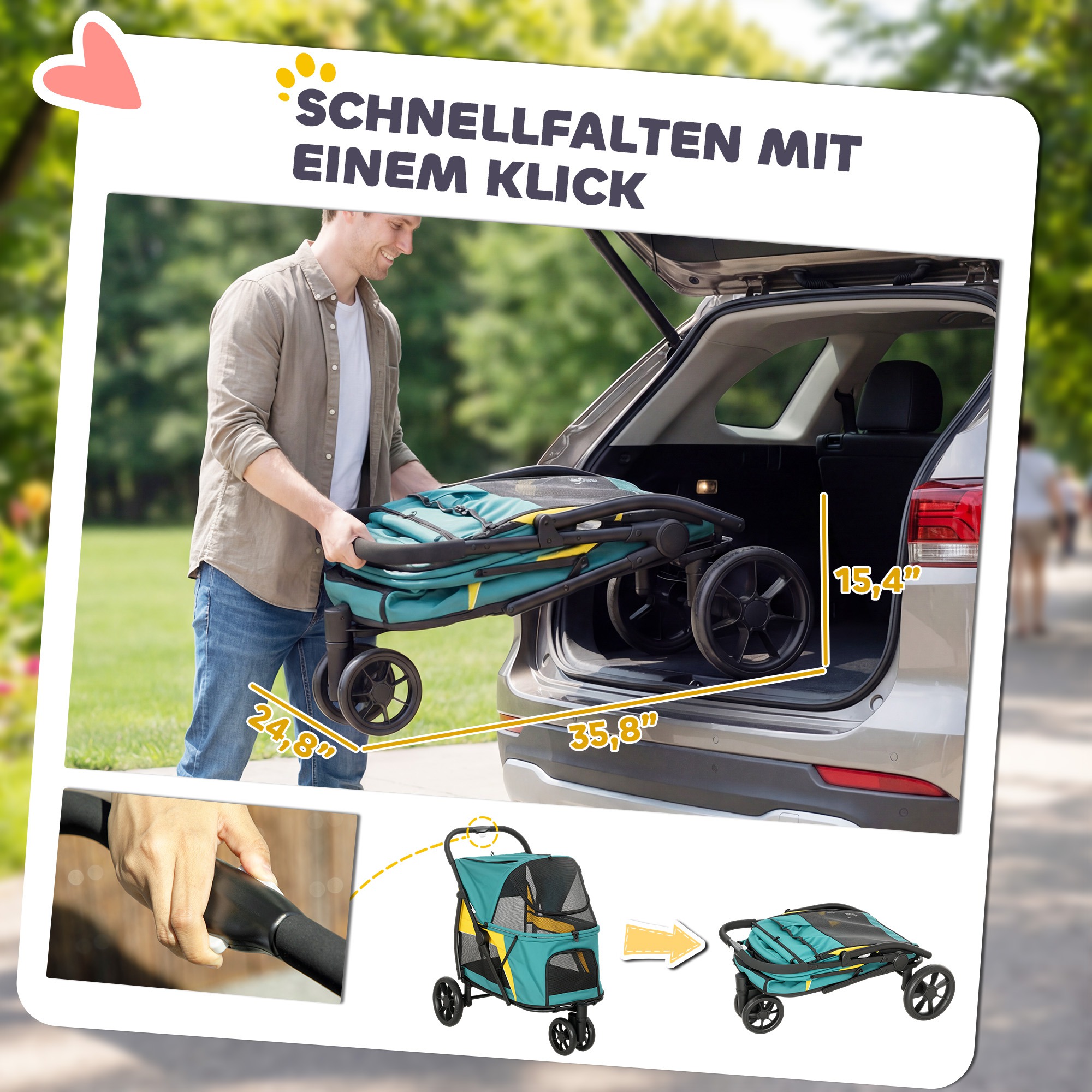 Hundewagen Faltbar Hundebuggy bis 20kg mit Kissen, Netzfenstern, Rückentasche, 92 x 63 x 95 cm Dunkelgrün