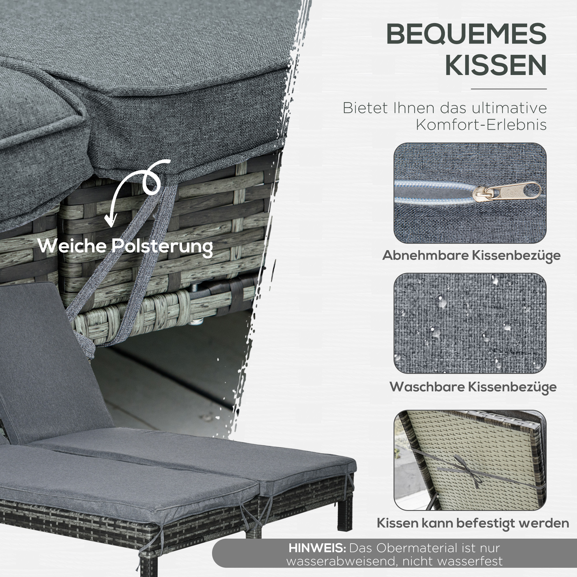 Polyrattan Doppelliege Sonnenliege Gartenliege für 2 Personen Relaxliege Luxus Lounge 5-stufige Rückenlehne Metall PE Rattan Grau 196 x 120 x 28 cm