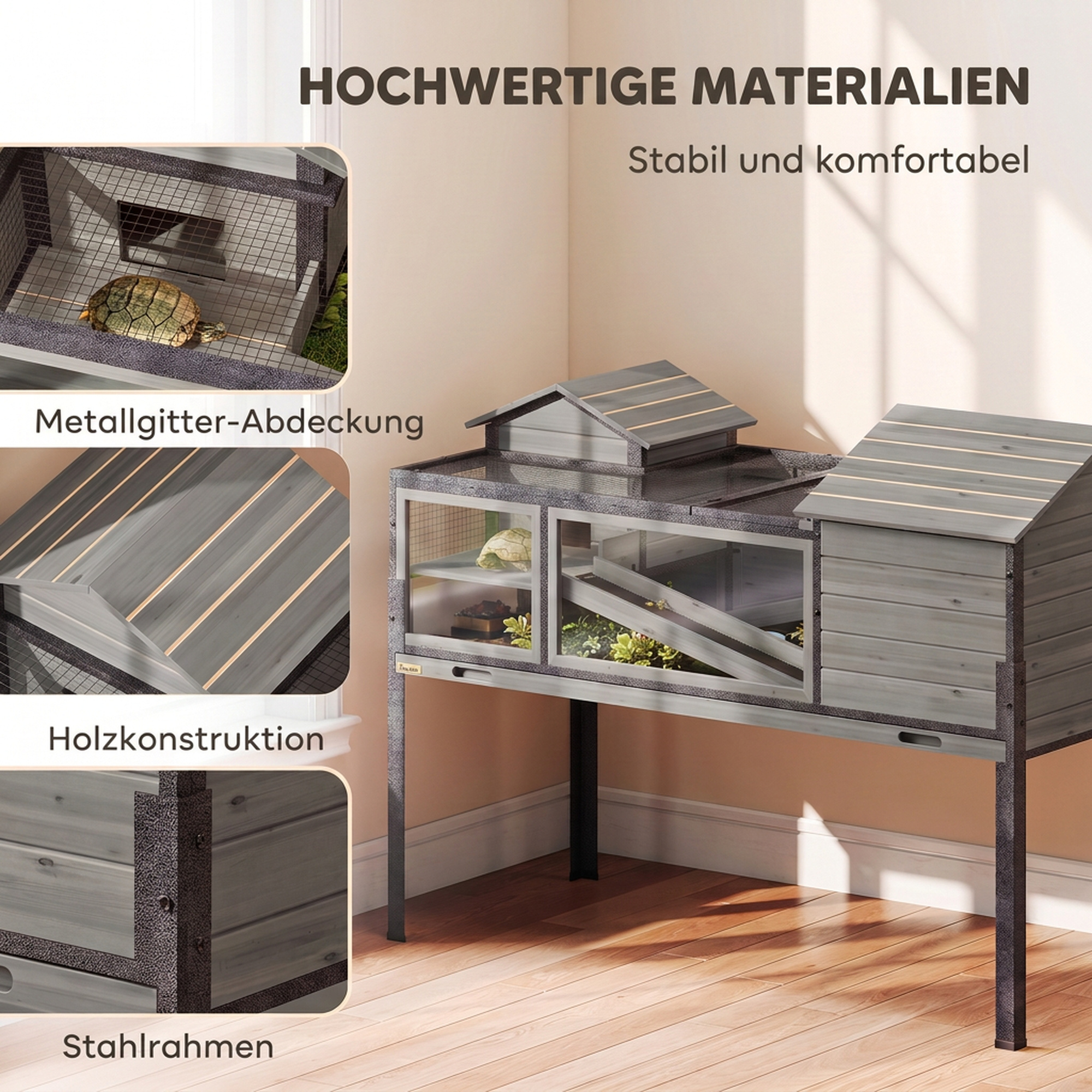Schildkrötenhaus Holz 2-stöckig Schildkrötengehege mit 2 Haupthäuser Acrylfenster Klappdach herausziehbarer Wanne Grau