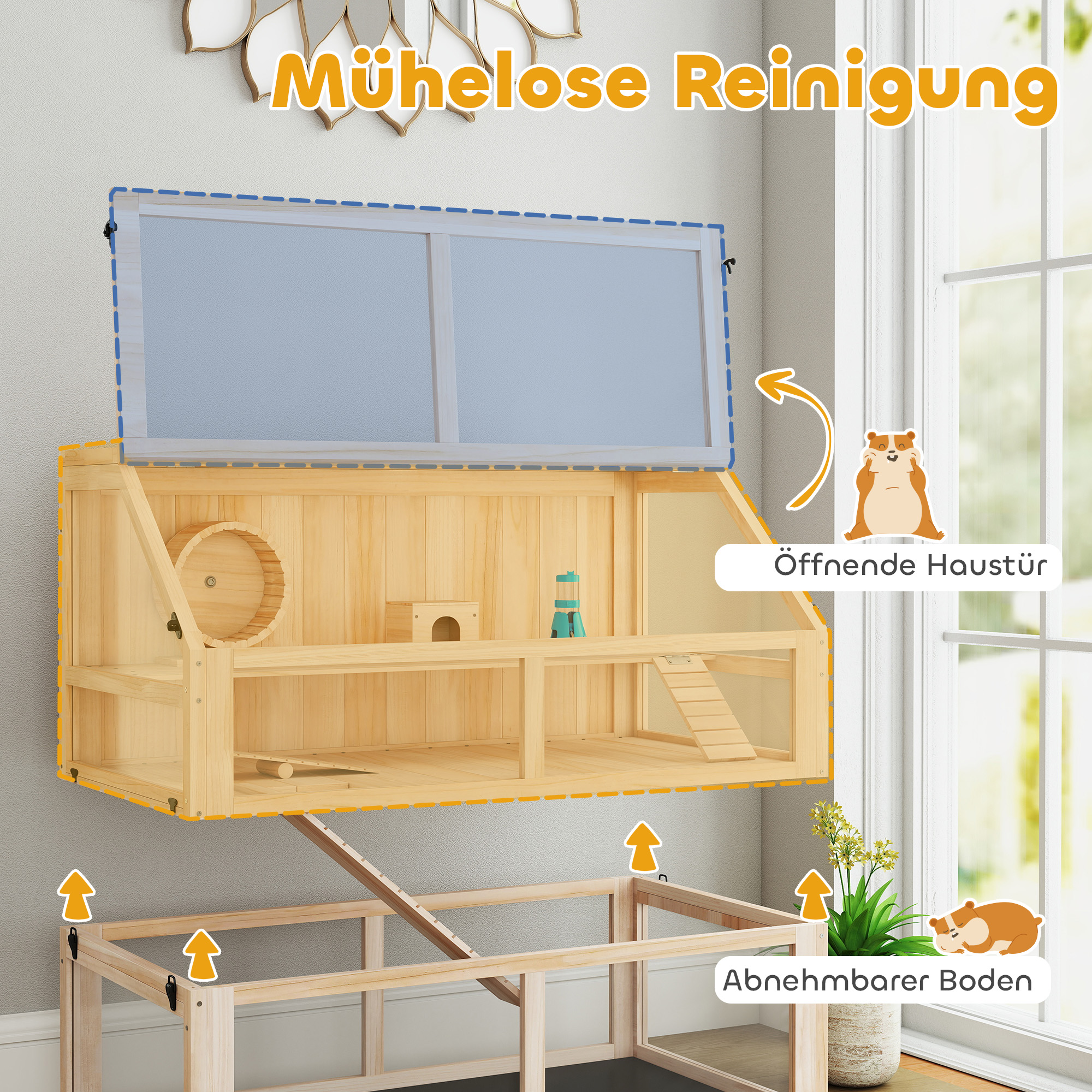 Hamsterkäfig aus Holz 3 Etagen Nagerkäfig Kleintierkäfig mit Wippe Laufrad Hütte 95 x 53 x 76 cm Naturholz