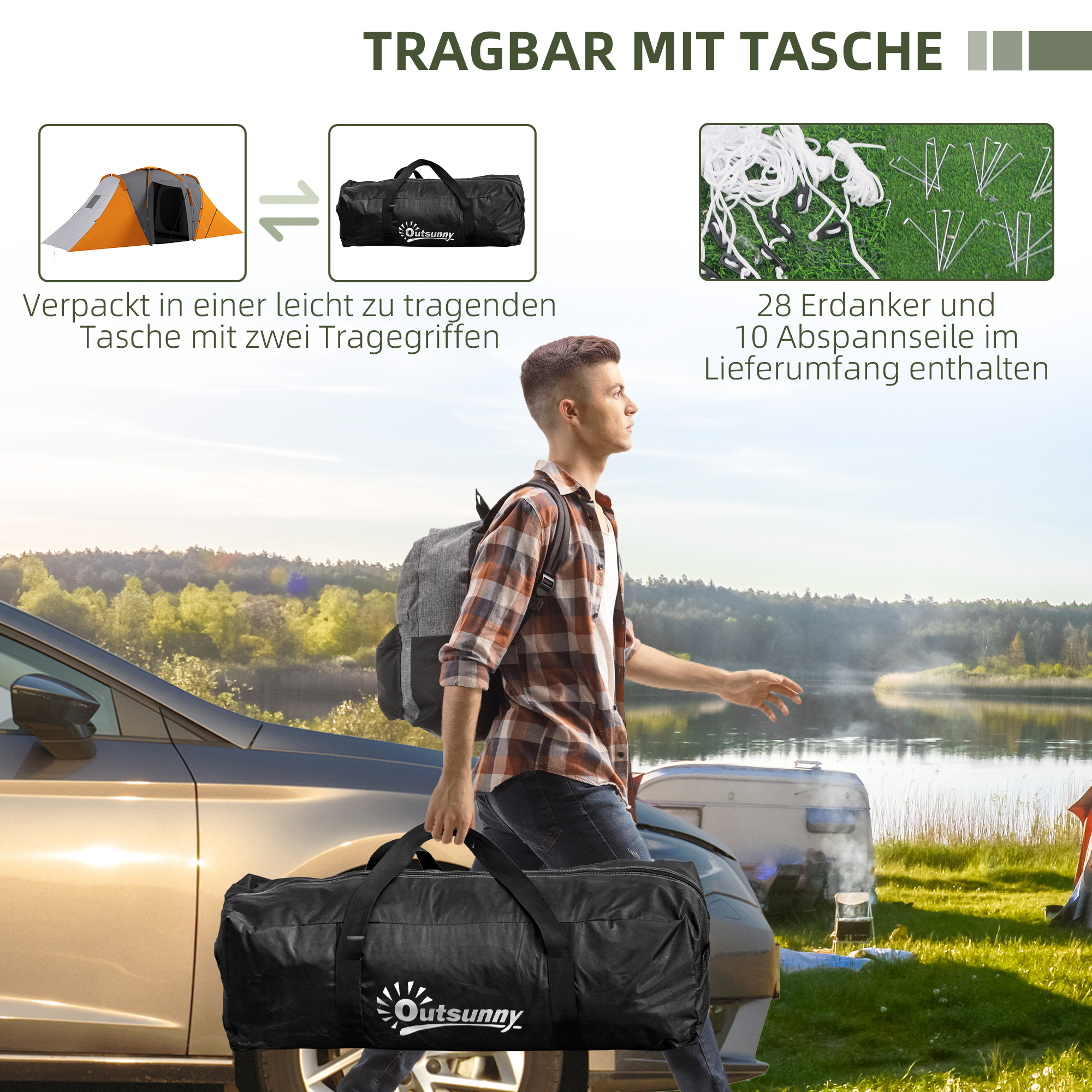 Tunnelzelt, 2000mm Wasserabweisend Campingzelt für 4-6 Personen, mit 2 Schlafzimmern Wohnbereich Tragetasche Grau+Orange