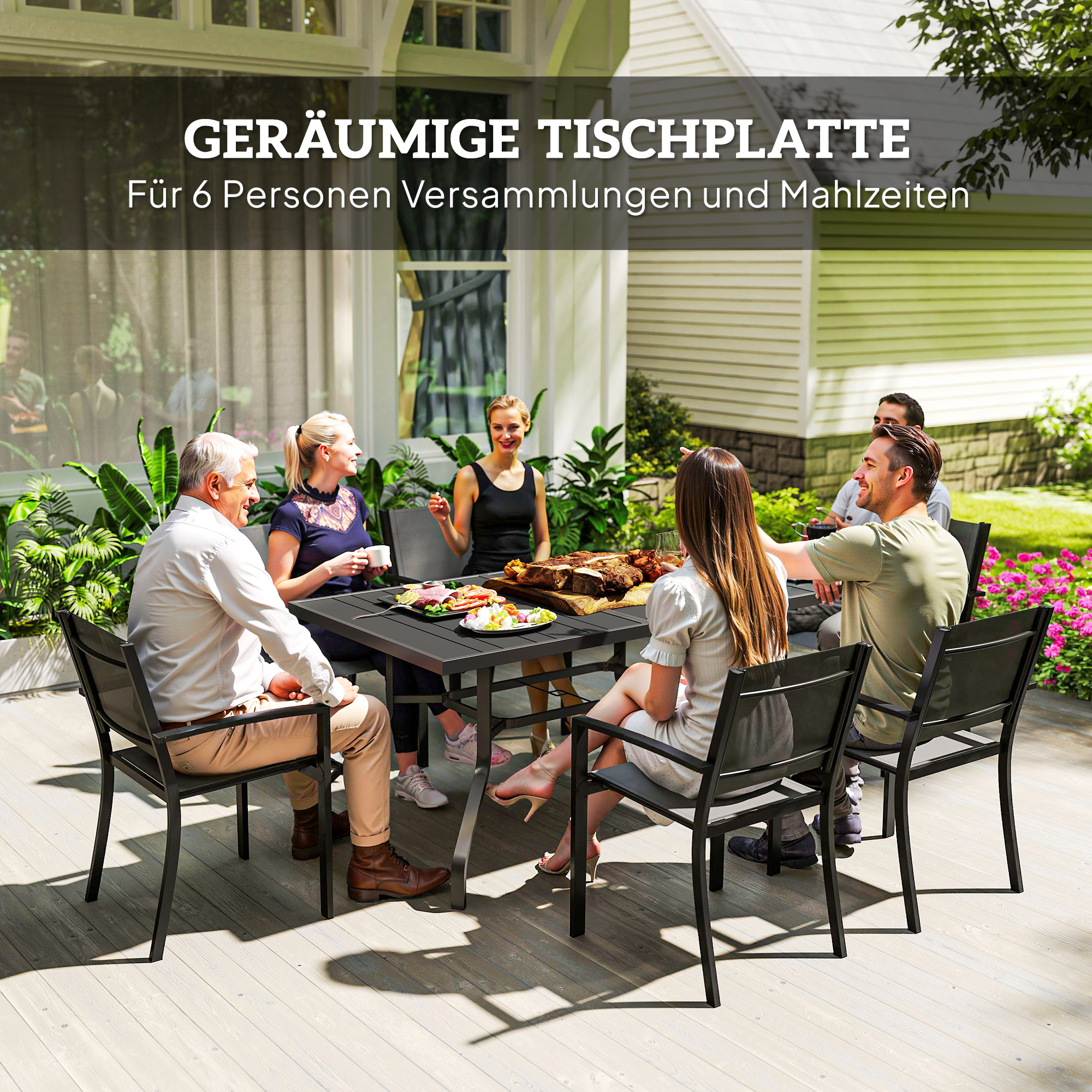 Gartentisch 152x90 cm, Wetterfest Balkontisch aus Stahl, Beistelltisch mit Schirmloch, Latten-Design Schwarz
