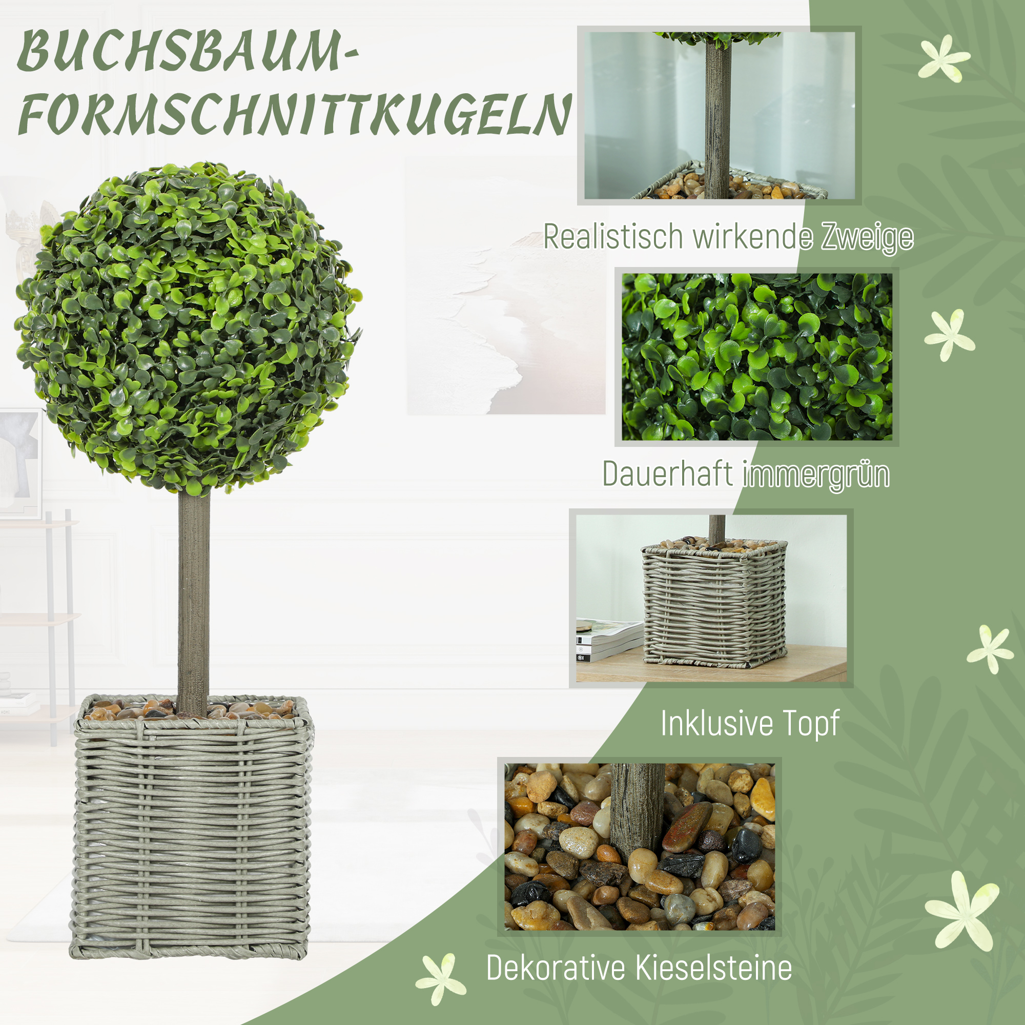 2er-Set künstliche Pflanzen, UV-beständige Kunstbäume im Topf, für drinnen und draußen geeignet, Kunststoff, Zement, Grün