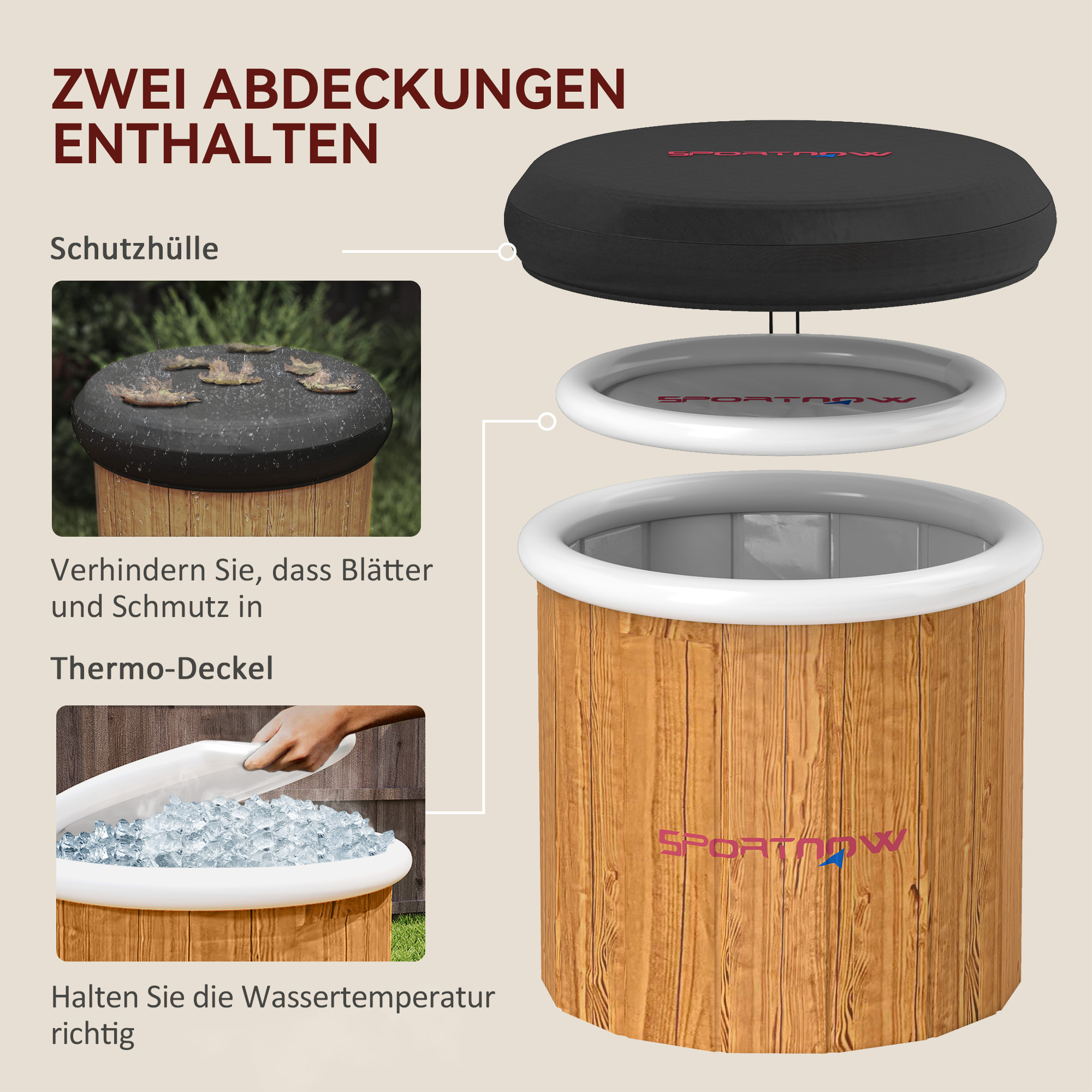 Eisbadewanne, 300 Liter aufblasbare Eiswanne für Muskelentspannung mit Abdeckung, Tragetasche, Luftpumpe, Braun