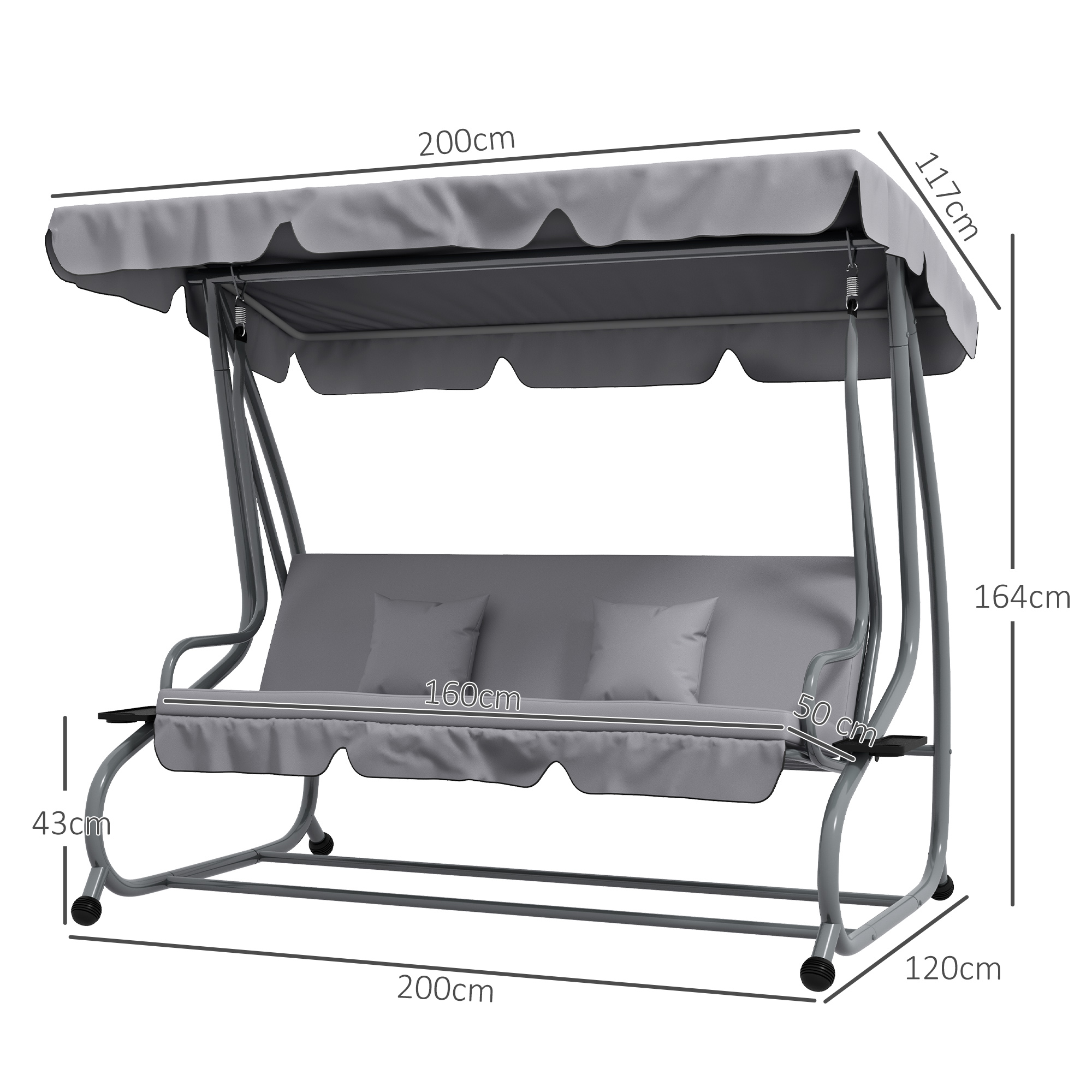 2-in-1 Hollywoodschaukel mit Liegefunktion, verstellbares Dach, bis 340 kg, Stahl, 200x120x164 cm, Grau
