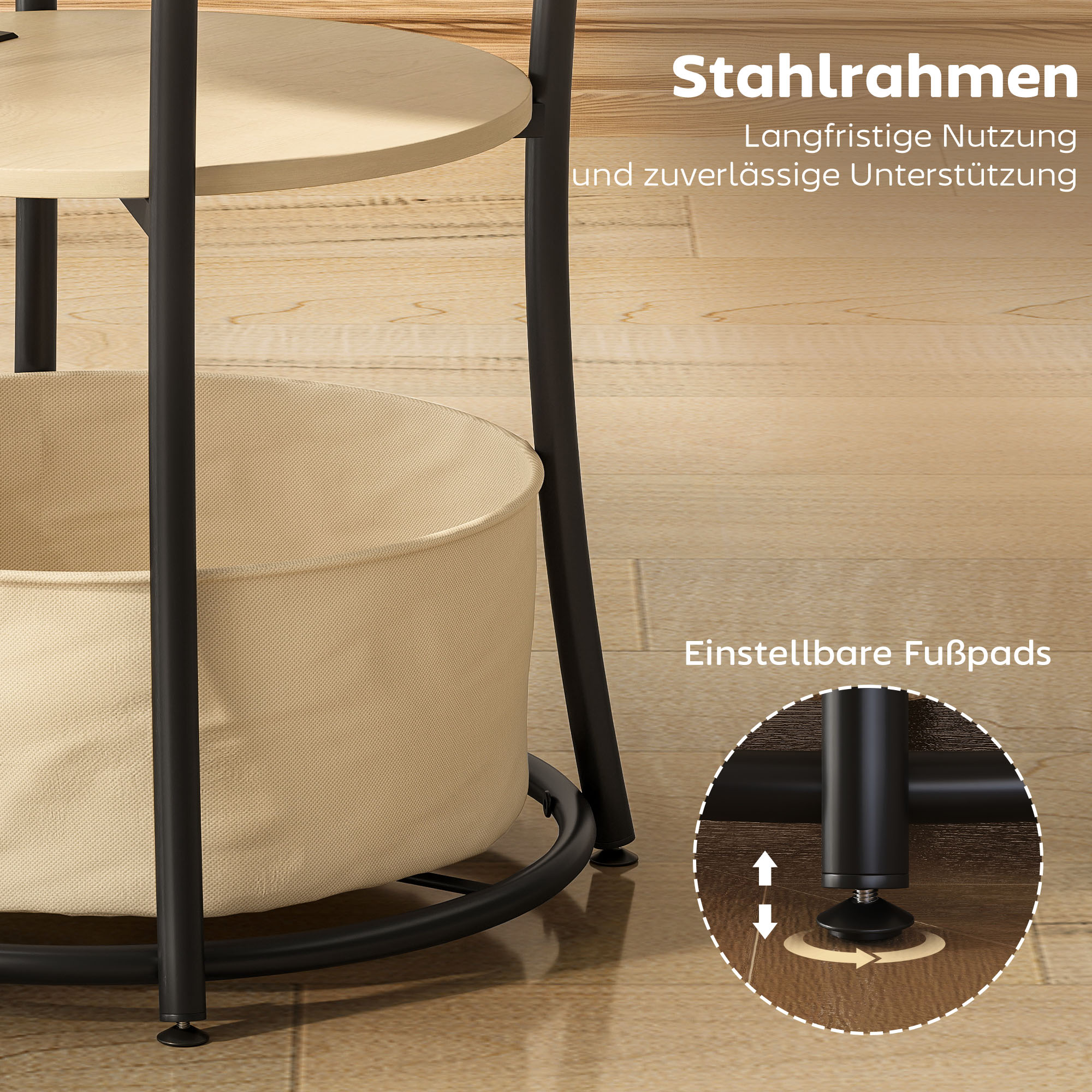 Beistelltisch 3-stufiger Couchtisch mit Ladestation, Stoff-Aufbewahrungstasche, Ablage, 50x50x55,1 cm Naturholz