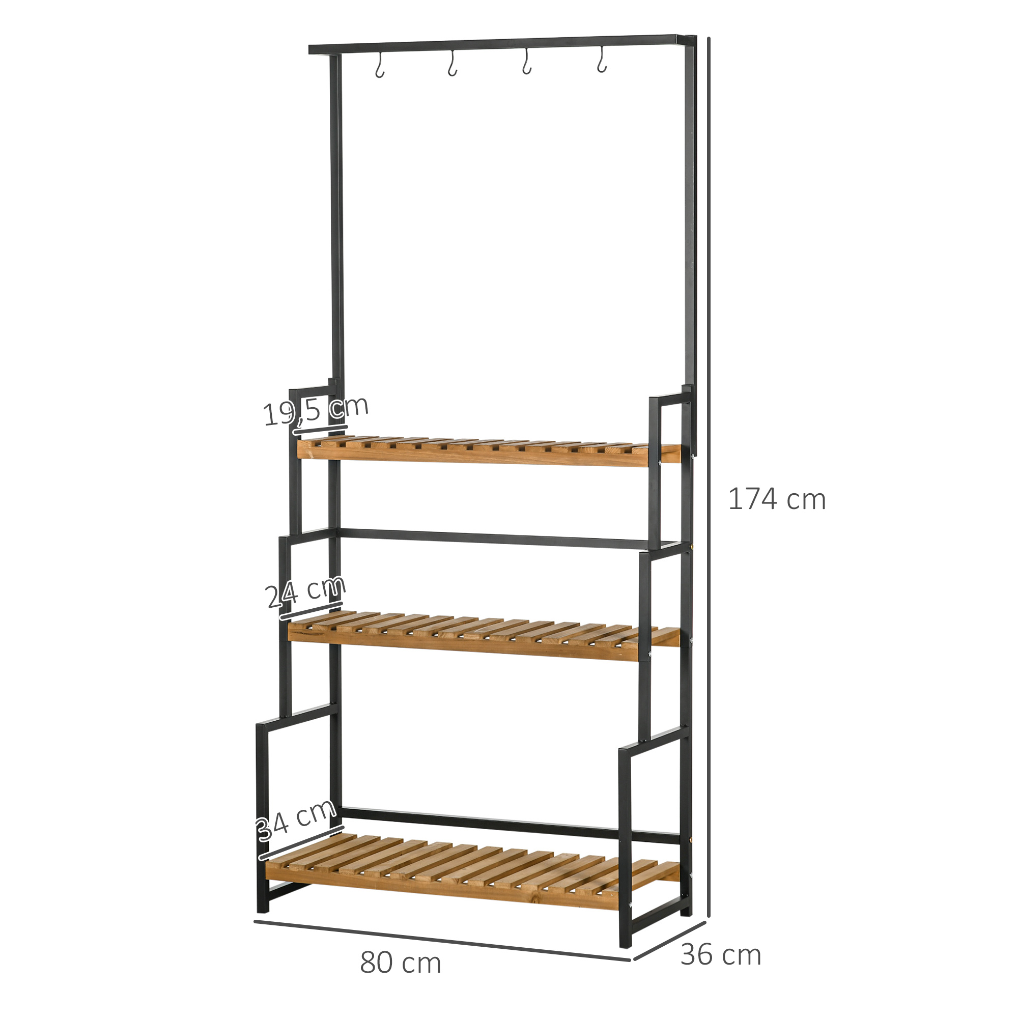 Pflanzenregal mit 3 Ebenen und Befestigungshaken, Blumentreppe aus Naturholz, 80 cm x 36 cm x 174 cm, Natur