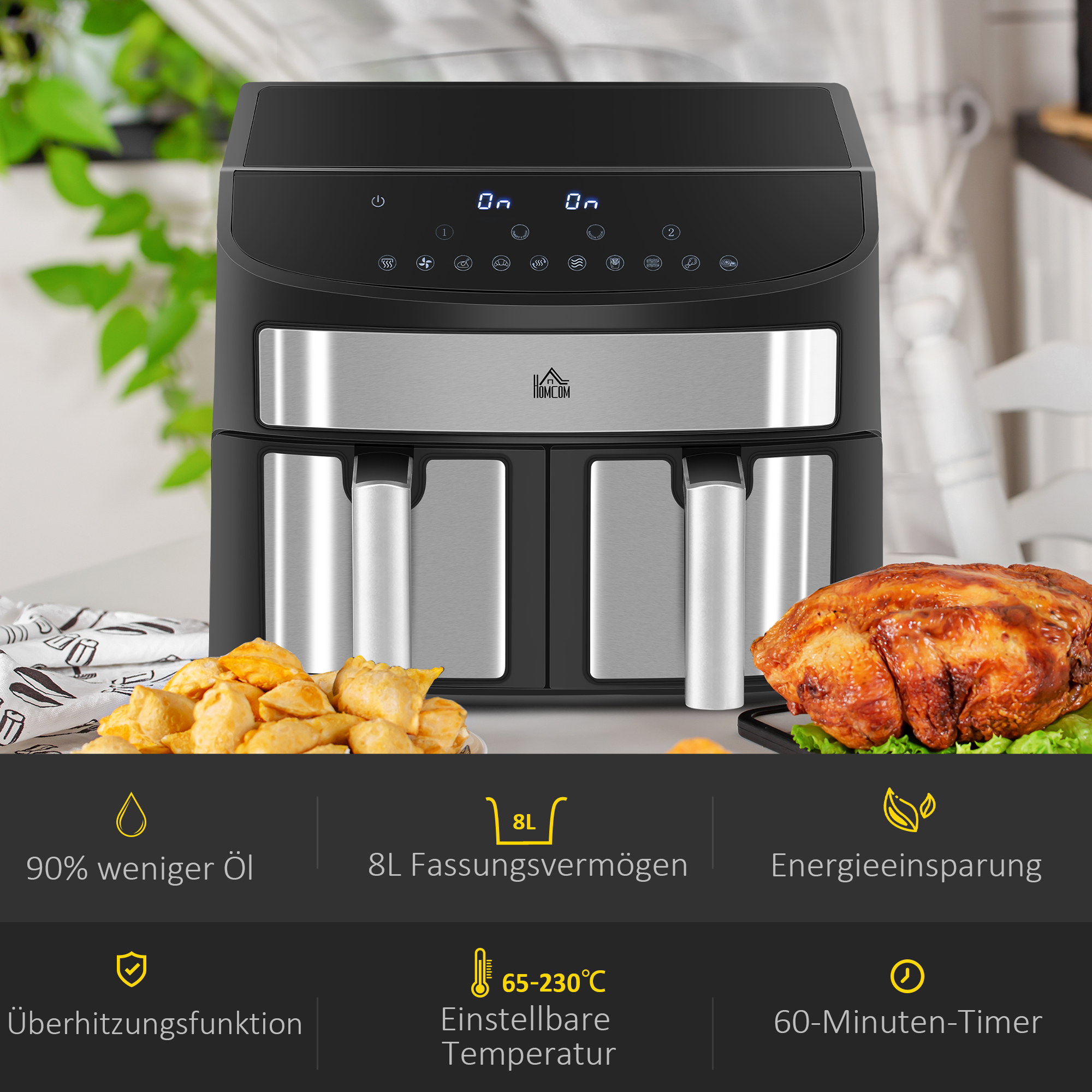 Heißluftfritteuse Multifunktionale Heißluftfritteuse,  8 L Fassungsvermögen, 2 Körbe, 60 min Time, Silber + Schwarz