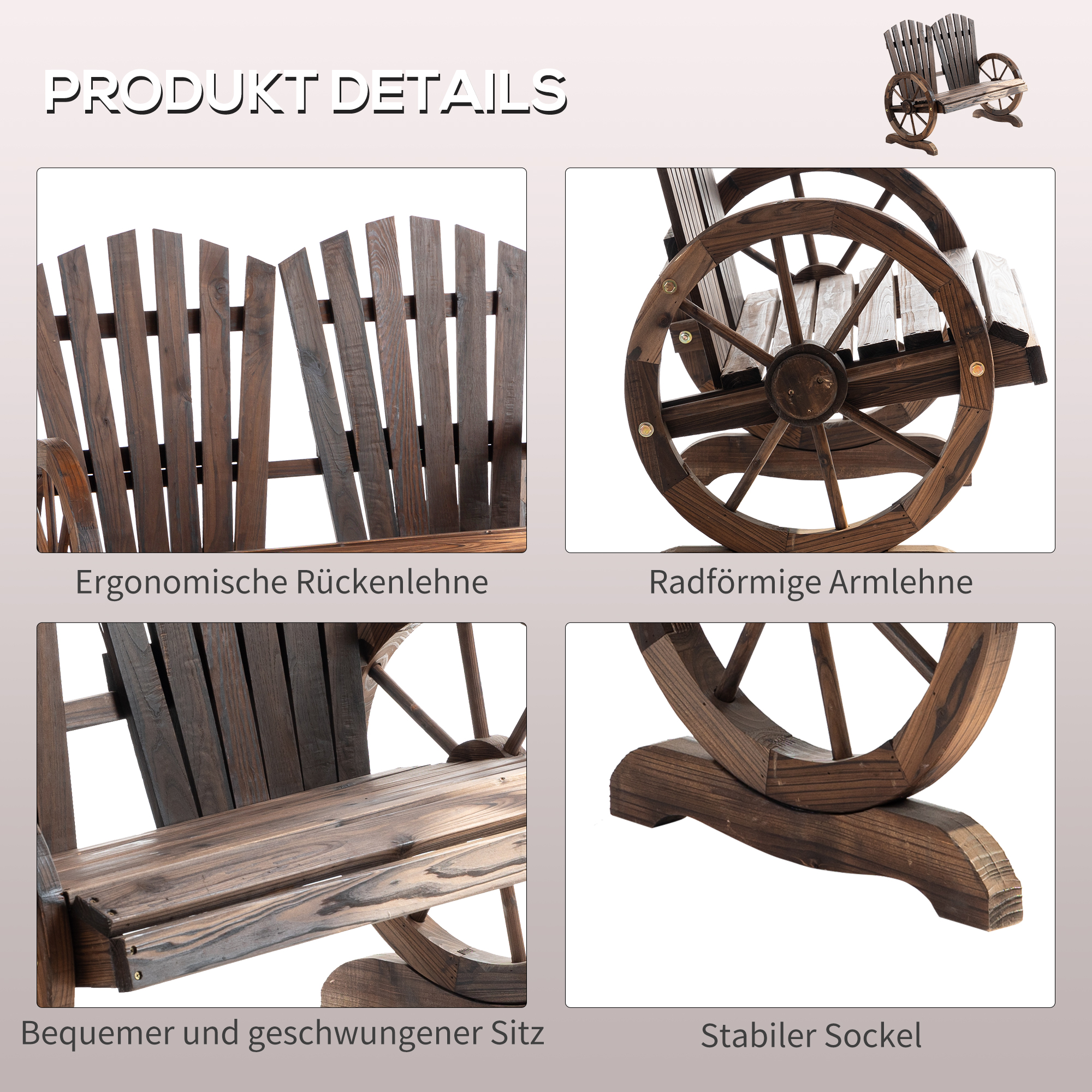 2-Sitzer Gartenbank Massivholz, Sitzbank mit Armlehne, Gartenmöbel 250kg belastbar, Rustikale Bank für Garten, Terrasse und andere Außenbereiche, 108 x 66 x 95 cm, Dunkelbraun