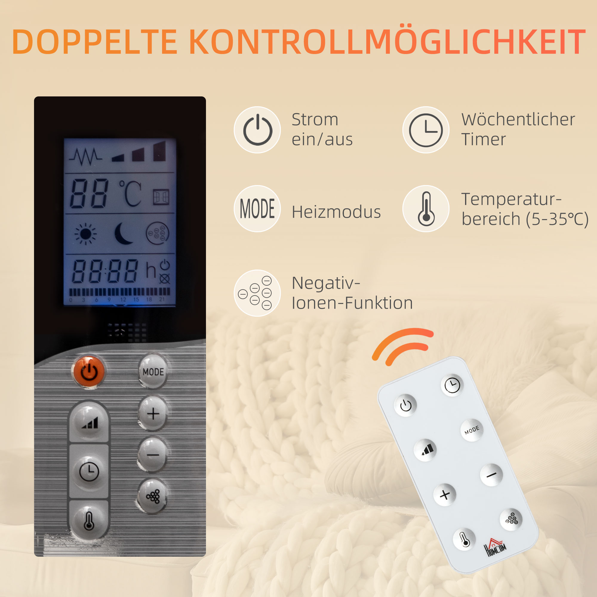 Elektroheizung mit Rollen, 9 vorinstallierte Modi, Wandmontage möglich, 5-35° C, weiß, 75 x 7,5 x 58,5 cm