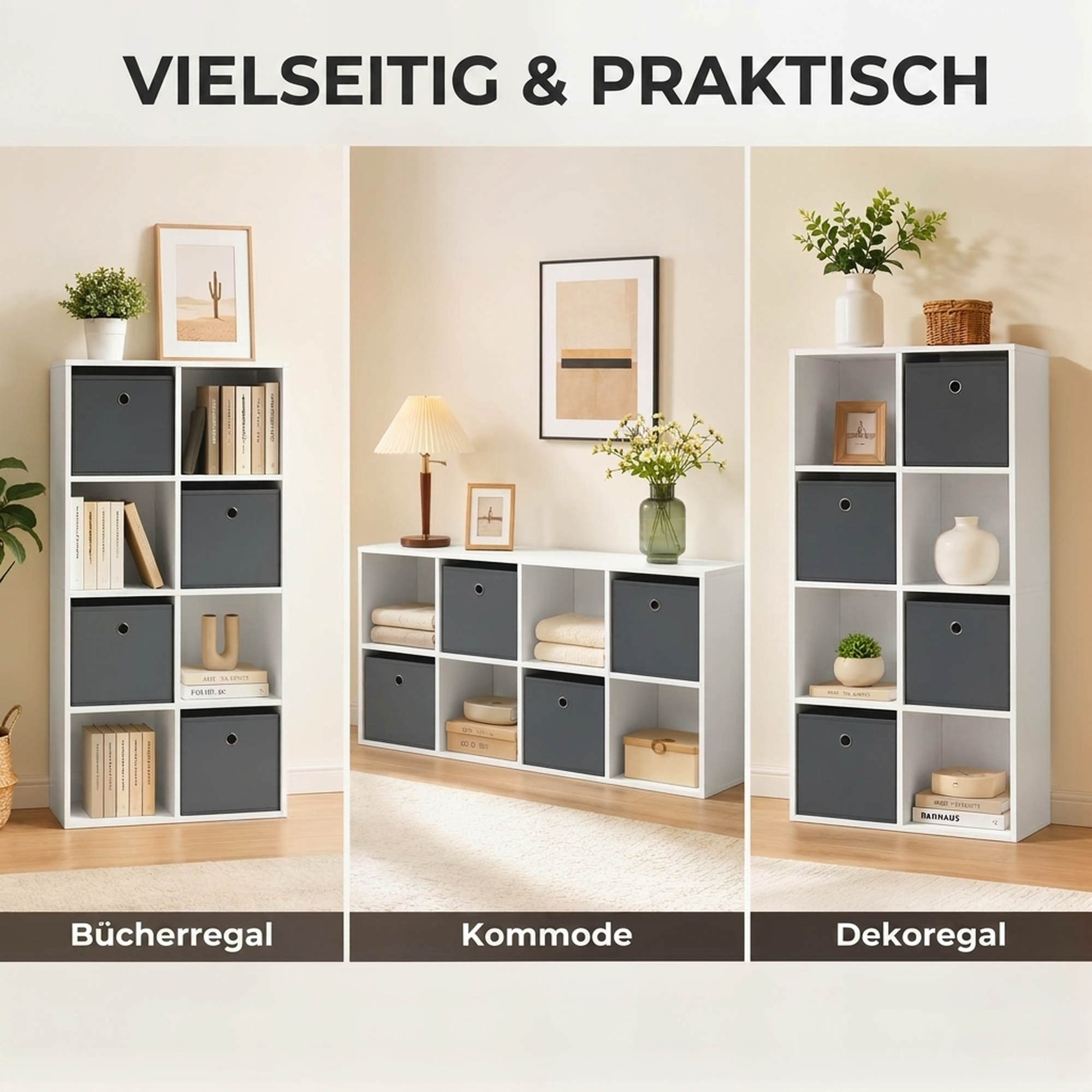 Regal mit 8 Fächern und 4 Stoffschubladen, Aufbewahrungsregal, vielseitig, Grau