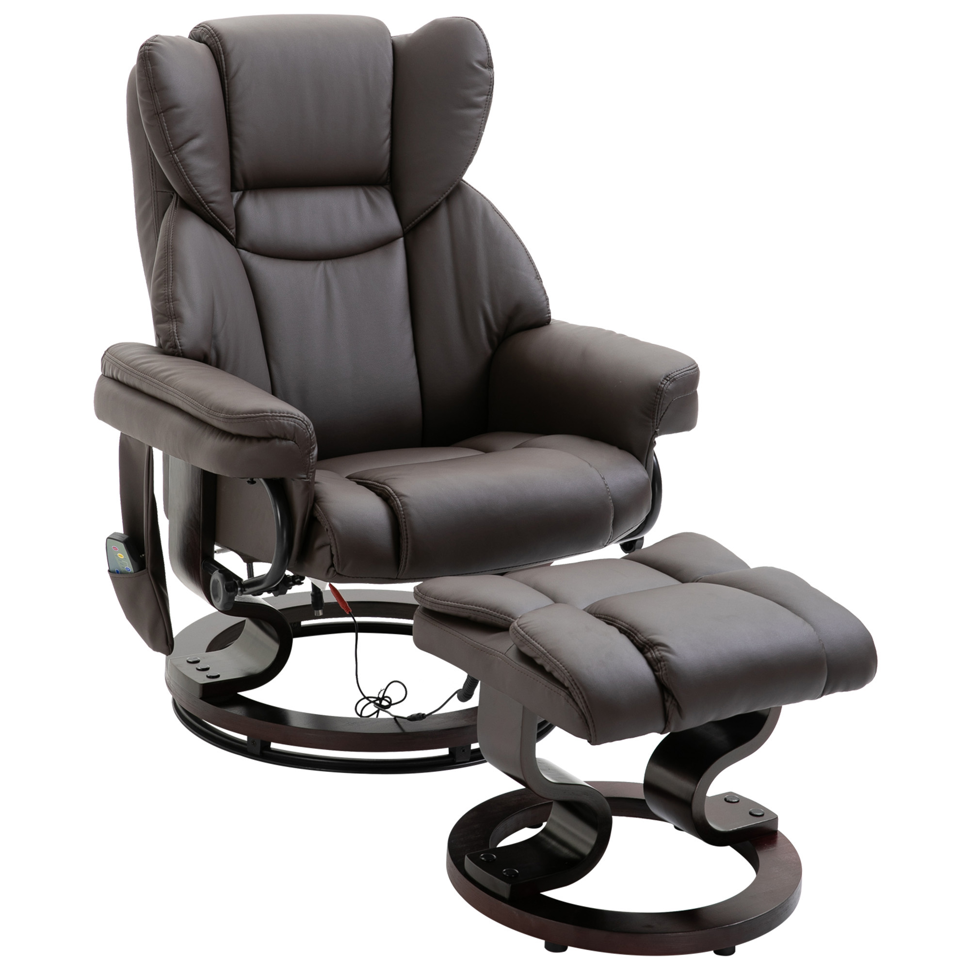 Relaxsessel mit Hocker, 360°drehbarer Fernsehsessel mit Massage, Liegefunktion, Massagesessel mit Seitentasche, Liegesessel, Kunstleder für Wohnzimmer Braun