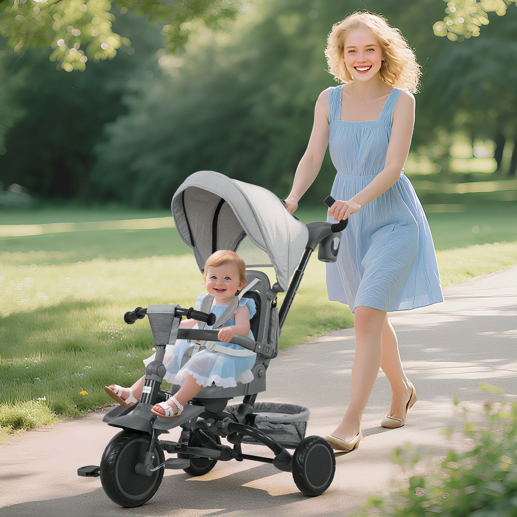 Kinderdreirad, 6-in-1 Buggy für Kleinkinder, mit Schiebegriff, verstellbarer Sitz, faltbares Design, Sicherheitsnetz, Grau