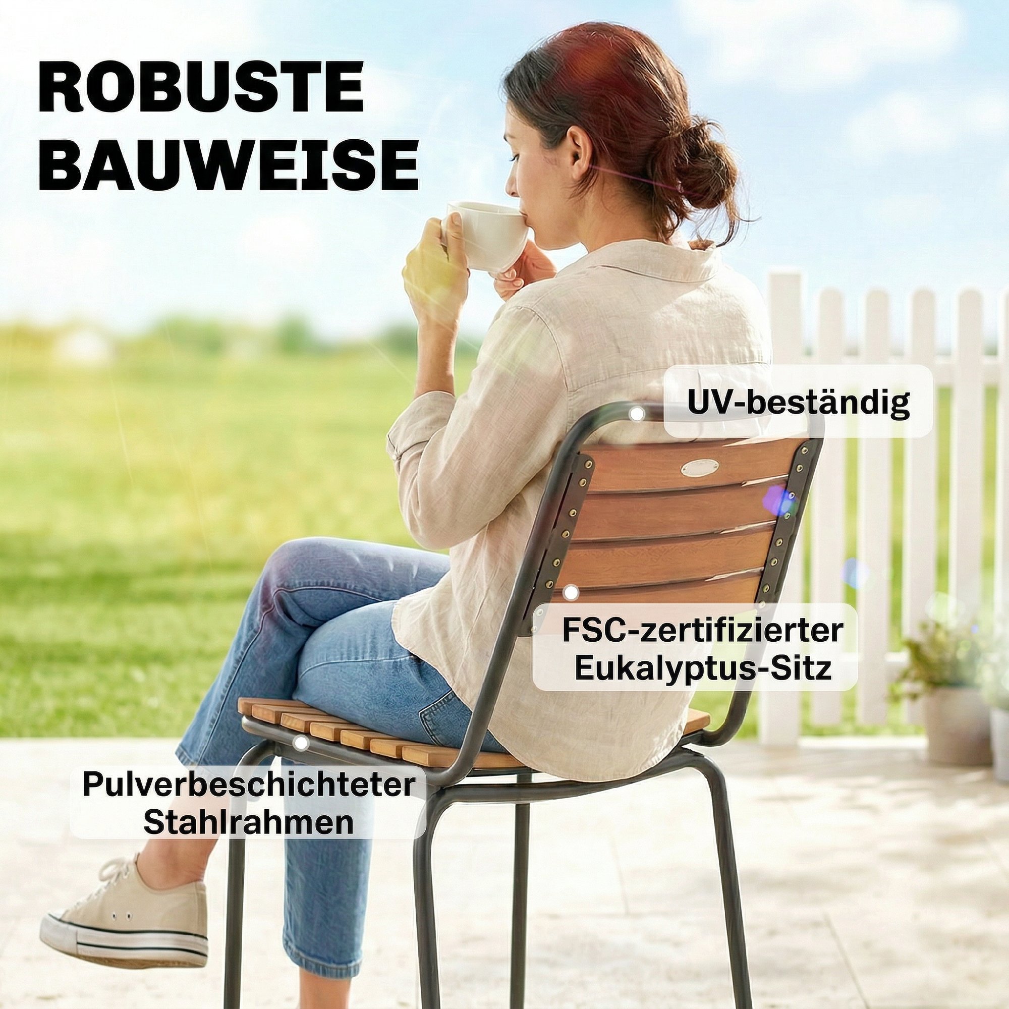 Gartenstuhl 2er Set wetterfest Gartenstühle aus Stahl und Holz Stapelstuhl mit Rückenlehne bis 160kg belastbar Naturholz