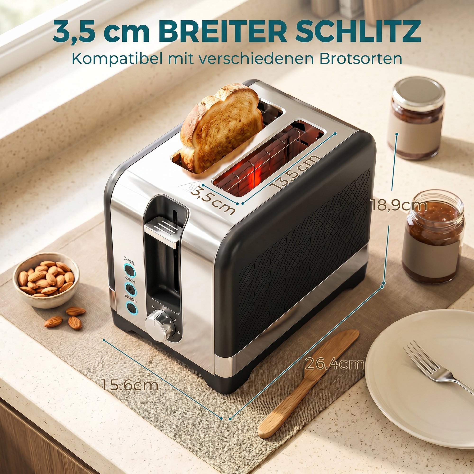 2-Scheiben-Toaster mit 7 Bräunungsstufen, Aufwärm-/Auftau-/Abbruchfunktionen, Wärmerost, 930 W