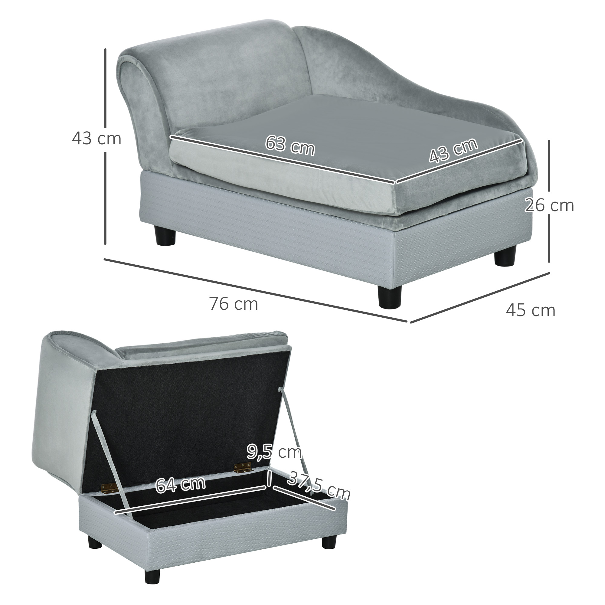 Haustiersofa mit Stauraum, weichem Kissen, bis 15 kg Tragkraft, Plüschbezug, Hartholzrahmen, Hellgrau