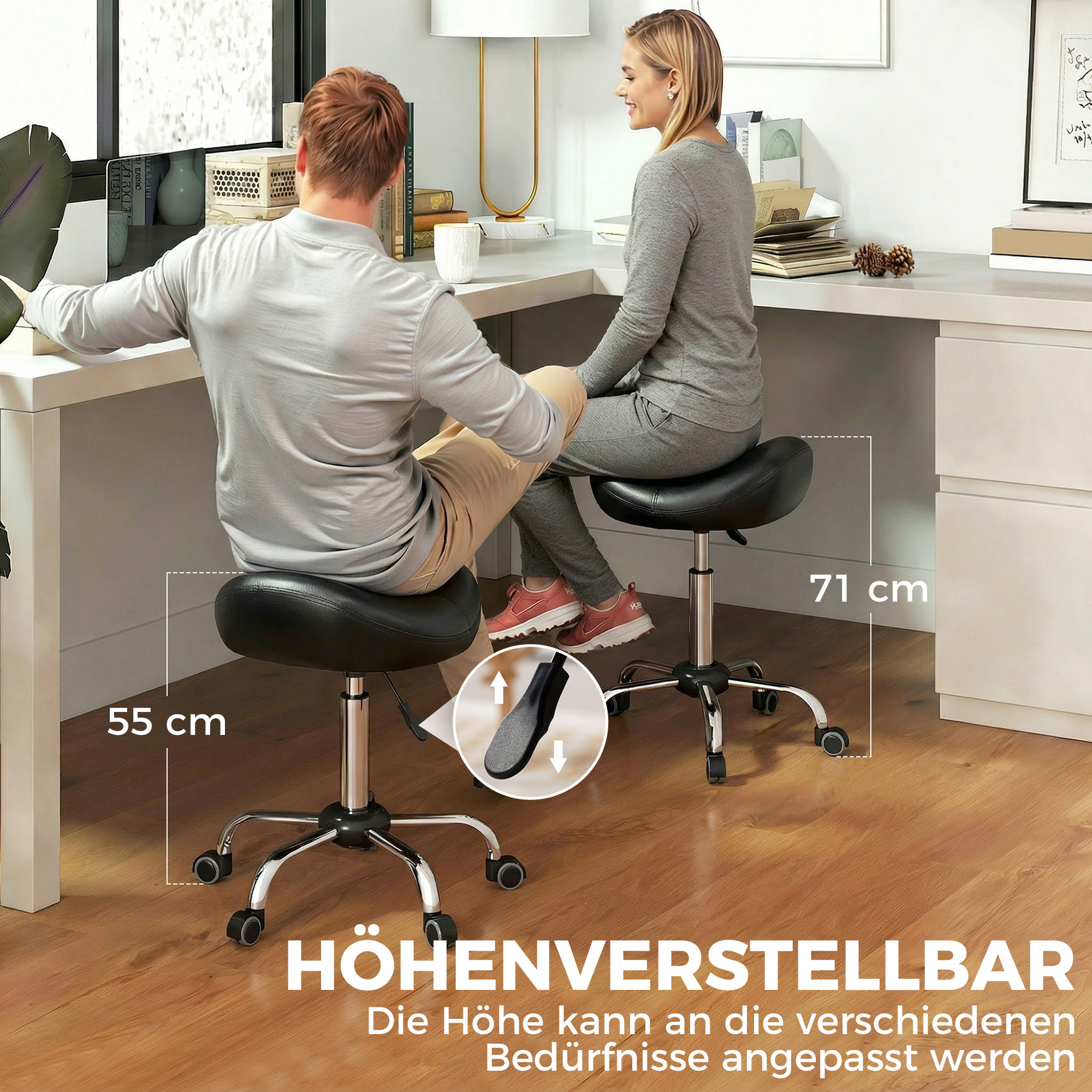 Salonhocker mit Sattelsitz, höhenverstellbar, Kunstleder, 48x48x54-69cm, Schwarz