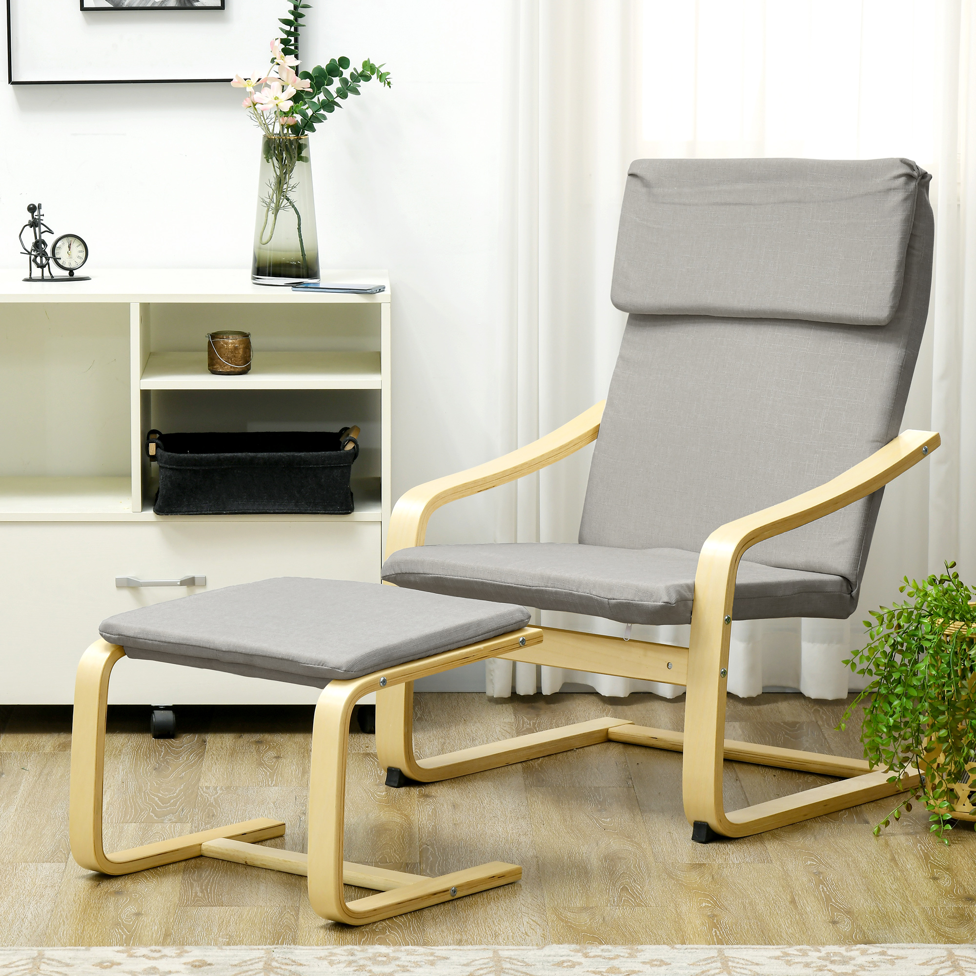 Loungesessel mit Hocker, Bezug in Leinenoptik, Holzrahmen, bis 120 kg, Hellgrau/Natur