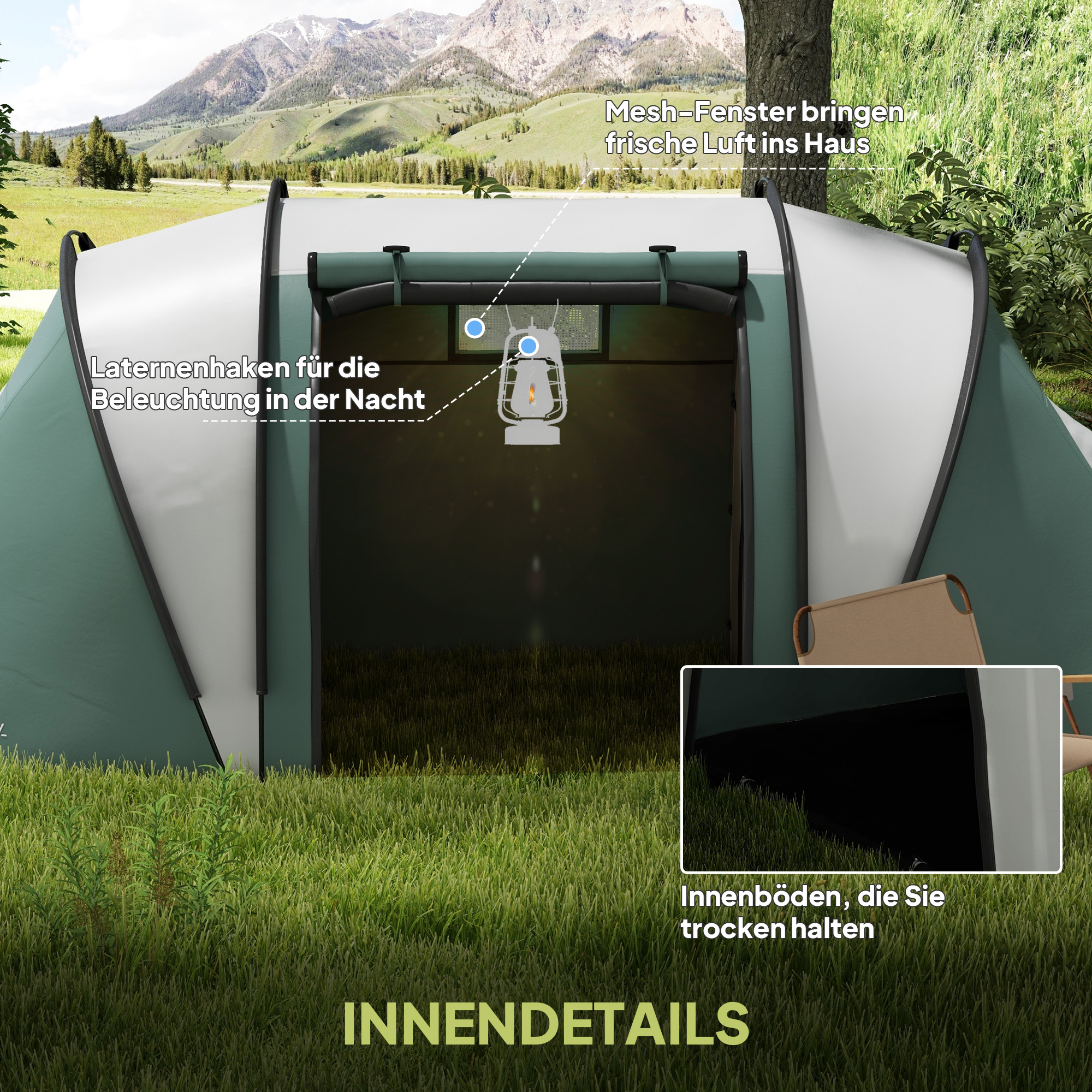 Campingzelt für 4-5 Personen leicht wasserabweisend Familienzelt mit 3 Zimmer Seitentür Fenster Dunkelgrün