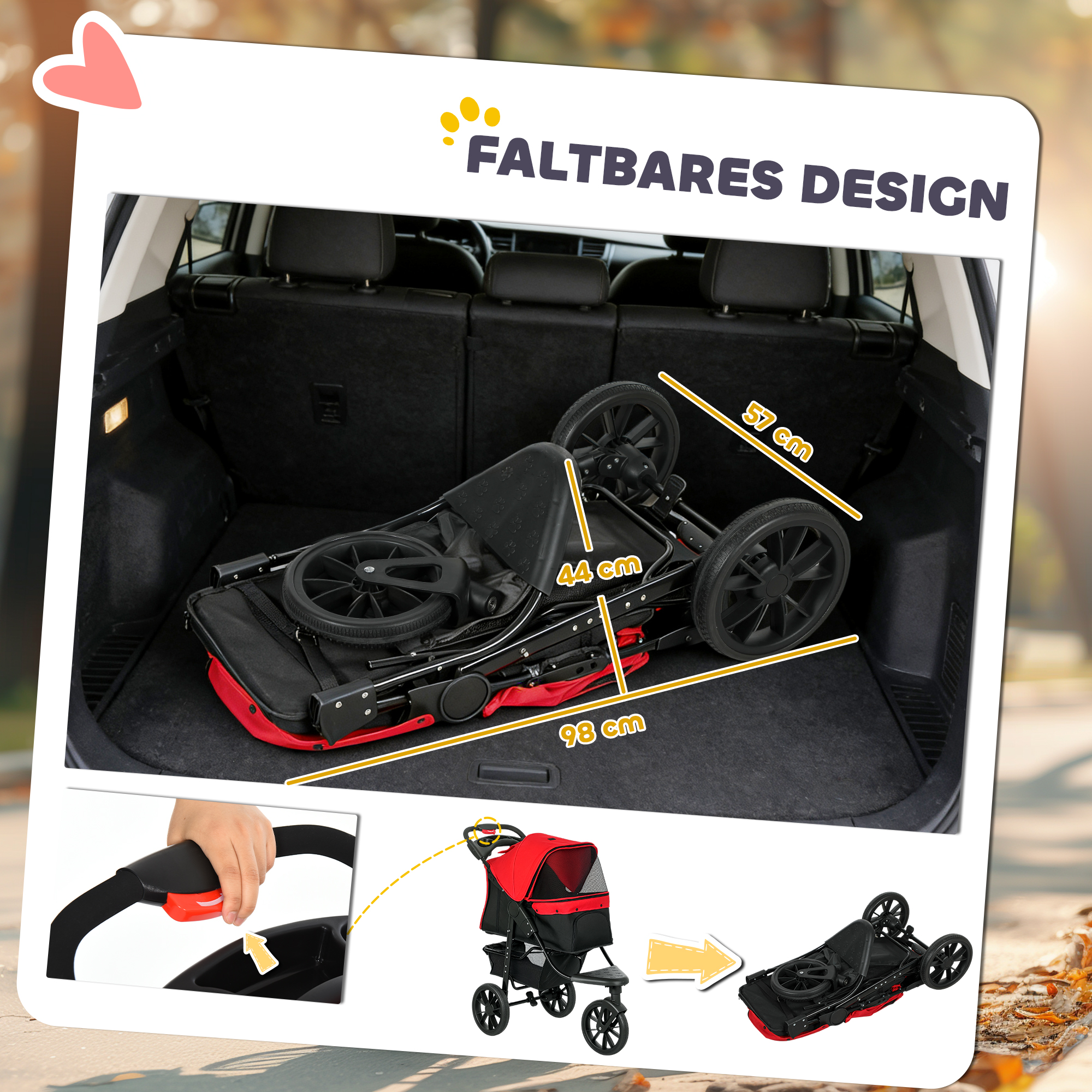 Hundewagen klappbar Hundebuggy bis 10 kg mit 3 Rädern, Netzfenstern Getränkehalter Ablagekorb 109,5x57,5x106,5 cm Rot
