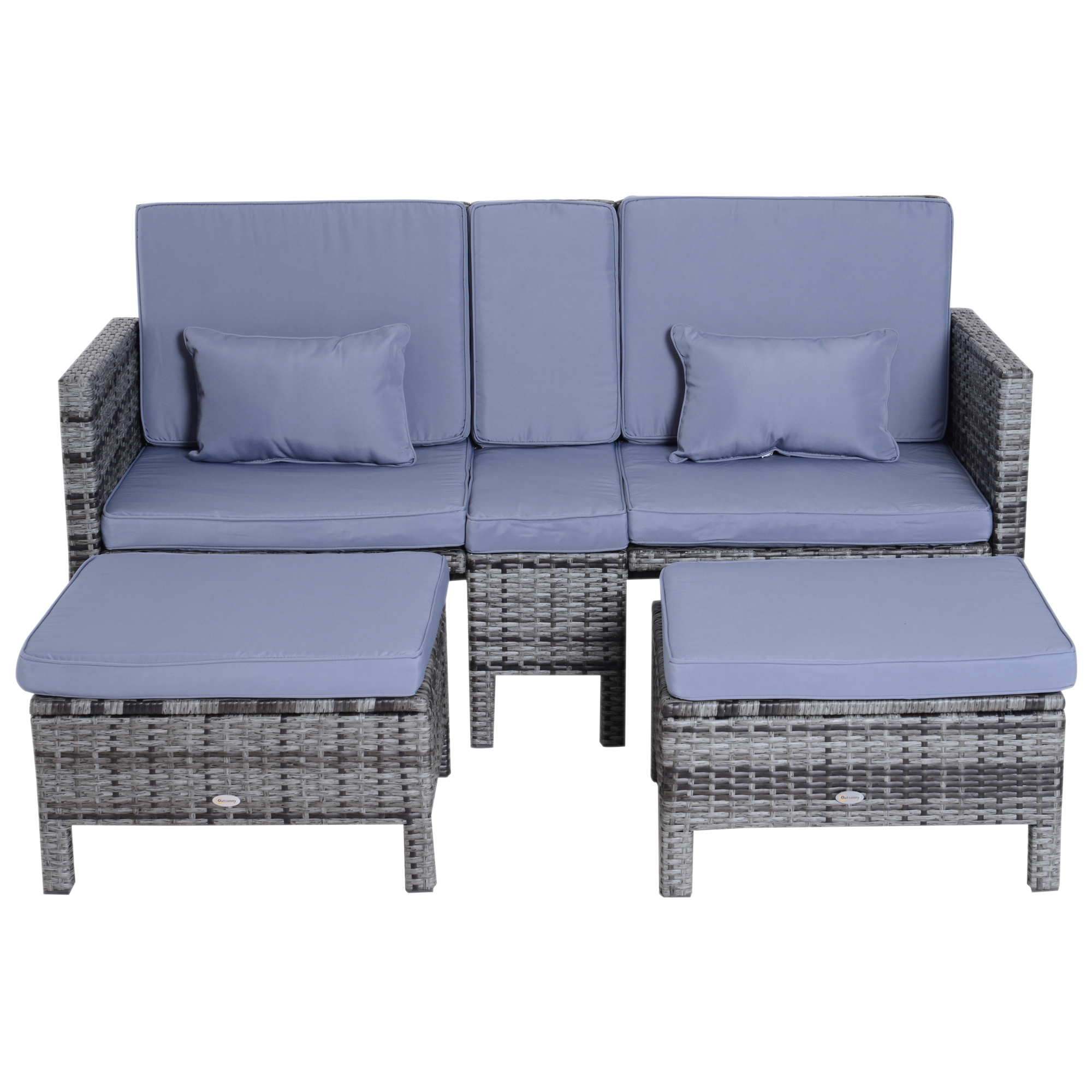 Gartengarnitur, Sitzgruppe, 3-tlg,, Outdoor-Sofa, 2 Hocker, 2-5 Personen, Sitzkissen, Rattanoptik, grau