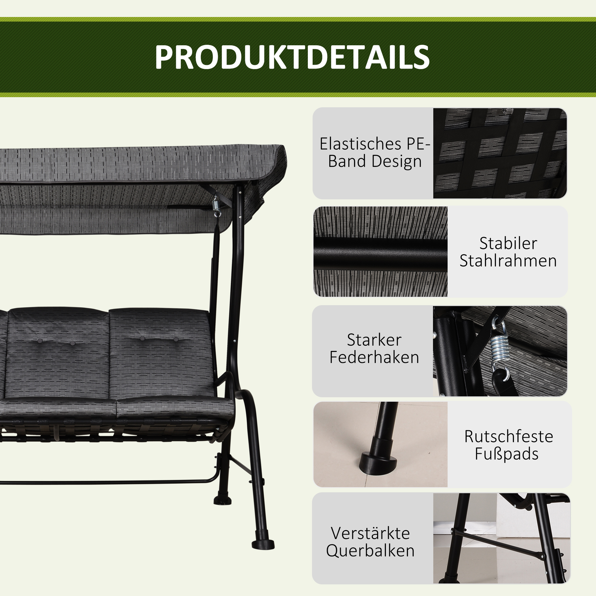 Hollywoodschaukel, 3-Sitzer Gartenschaukel, Verstellbares Sonnendach, Texteline Grau 200 x 120 x 170 cm