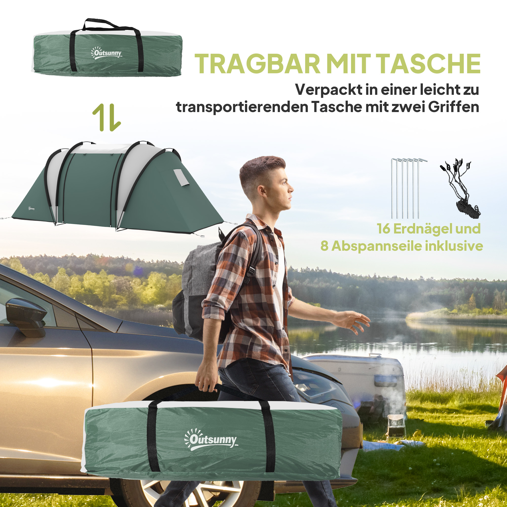 Campingzelt für 4-5 Personen leicht wasserabweisend Familienzelt mit 3 Zimmer Seitentür Fenster Dunkelgrün