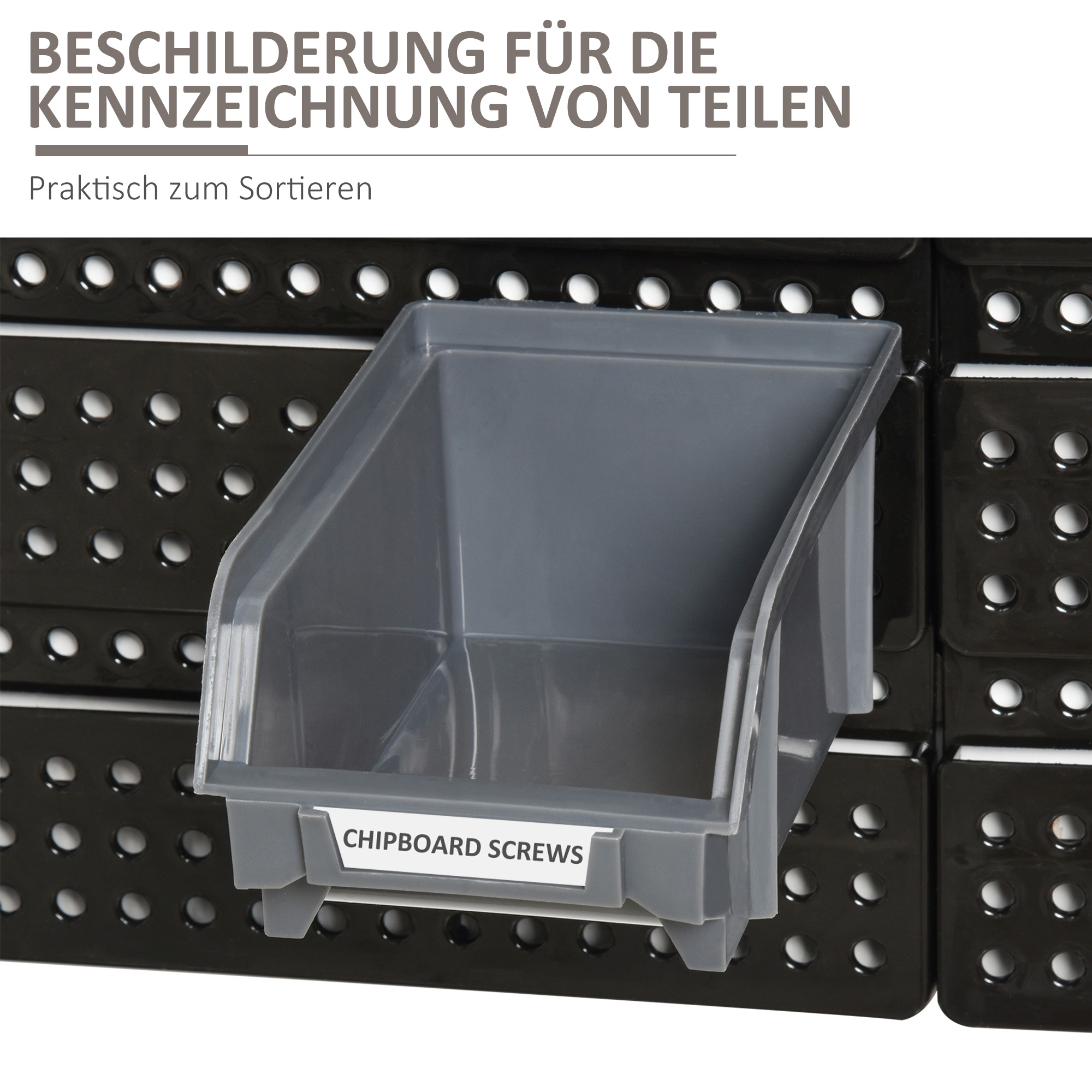 Aufbewahrungs-System Wandregal mit Stapelboxen, 30 Boxen, 2 Lochplatten, 37,5 cm x 18 cm x 63 cm, Rot + Grau+ Schwarz