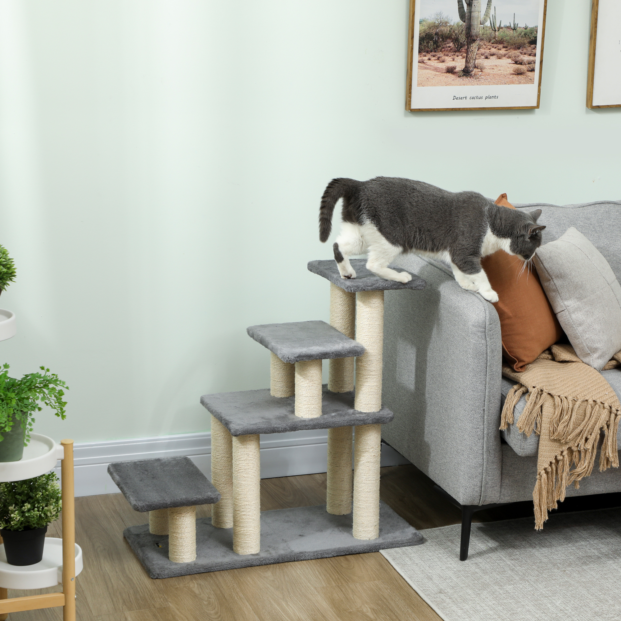 Hundetreppe 4 Stufen 68 cm Hoch verstellbar Haustiertreppe für Kleine Hunde Katzentreppe Sisal Kratzbäumen, Spielball
