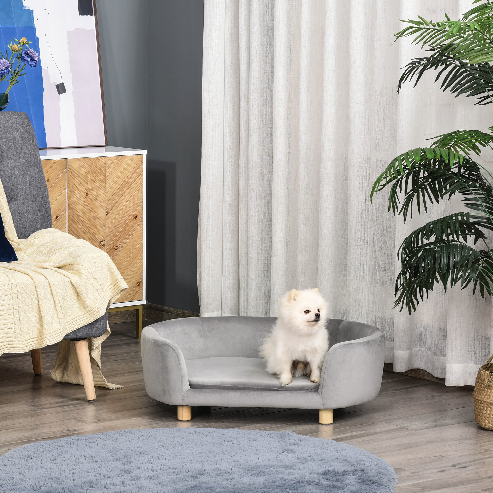 Haustiersofa Hundesofa Hundebett mit Holländischer Samt Schaumstoff Birke Bein für Katzen Hunde  86 x 55 x 33 cm Hellgrau