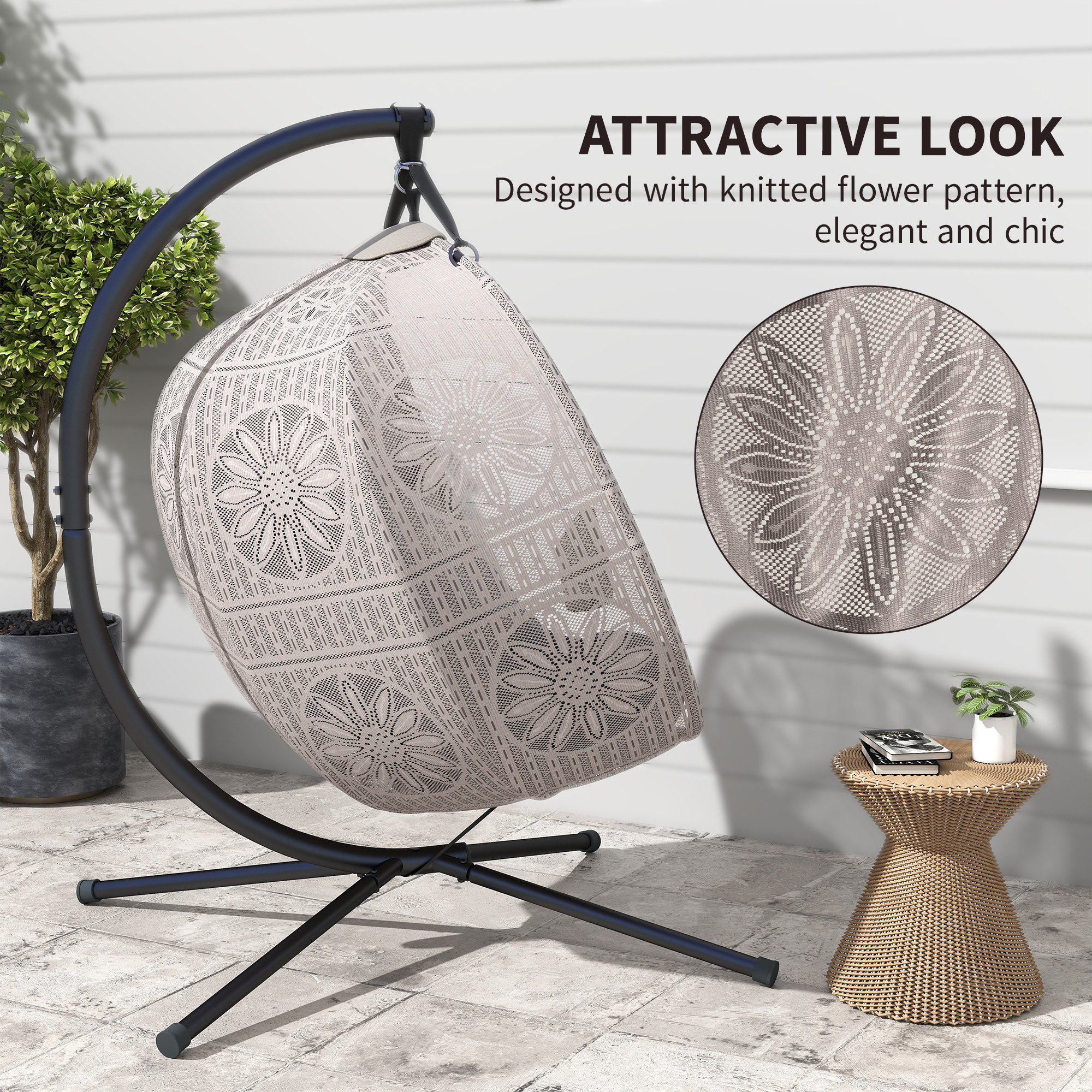 Hängesessel mit Gestell, Eiförmiger Hängeschaukel mit abnehmbarem waschbarem Kissen, Hängematte für 2 Personen, Schaukelsessel Indoor Outdoor, Sand+schwarz