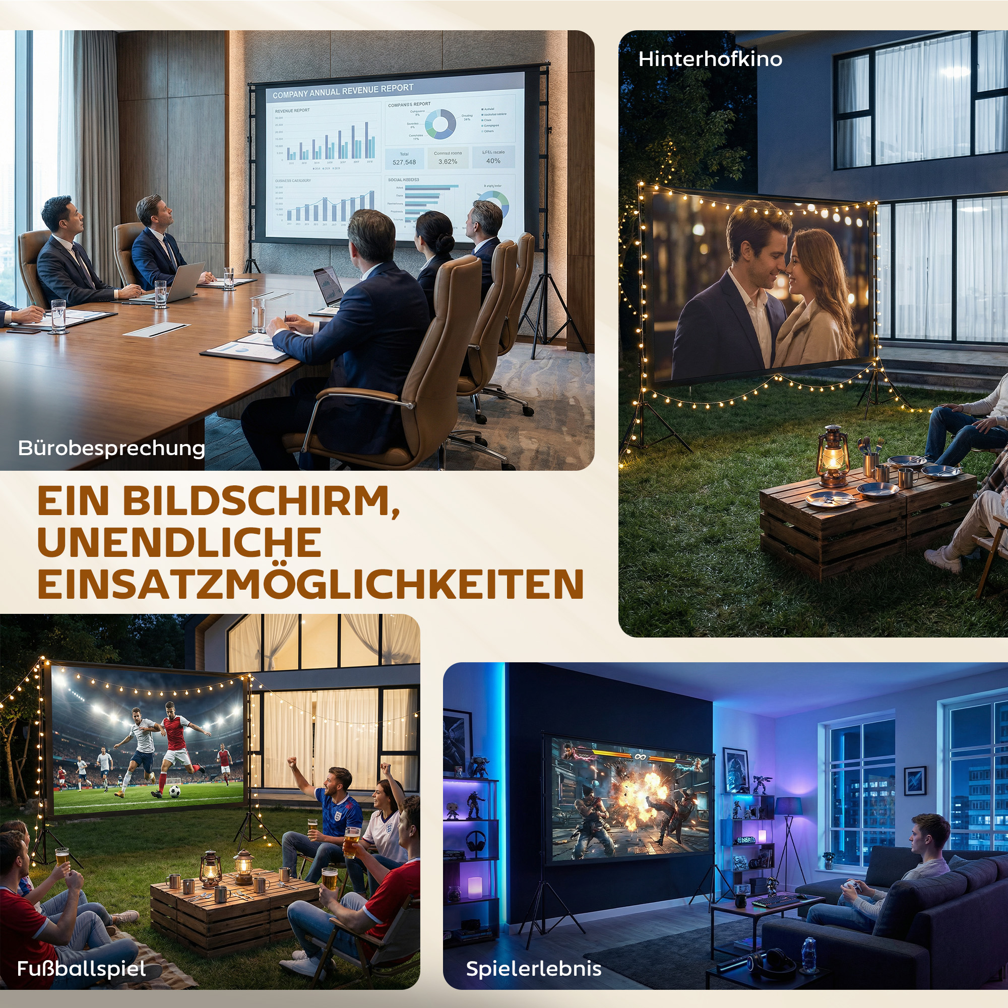 100 Zoll 16:9 HD 4K/8K Projektor-Leinwand mit Ständer, tragbare doppelseitige Leinwand mit klappbaren Stativen, Weiß