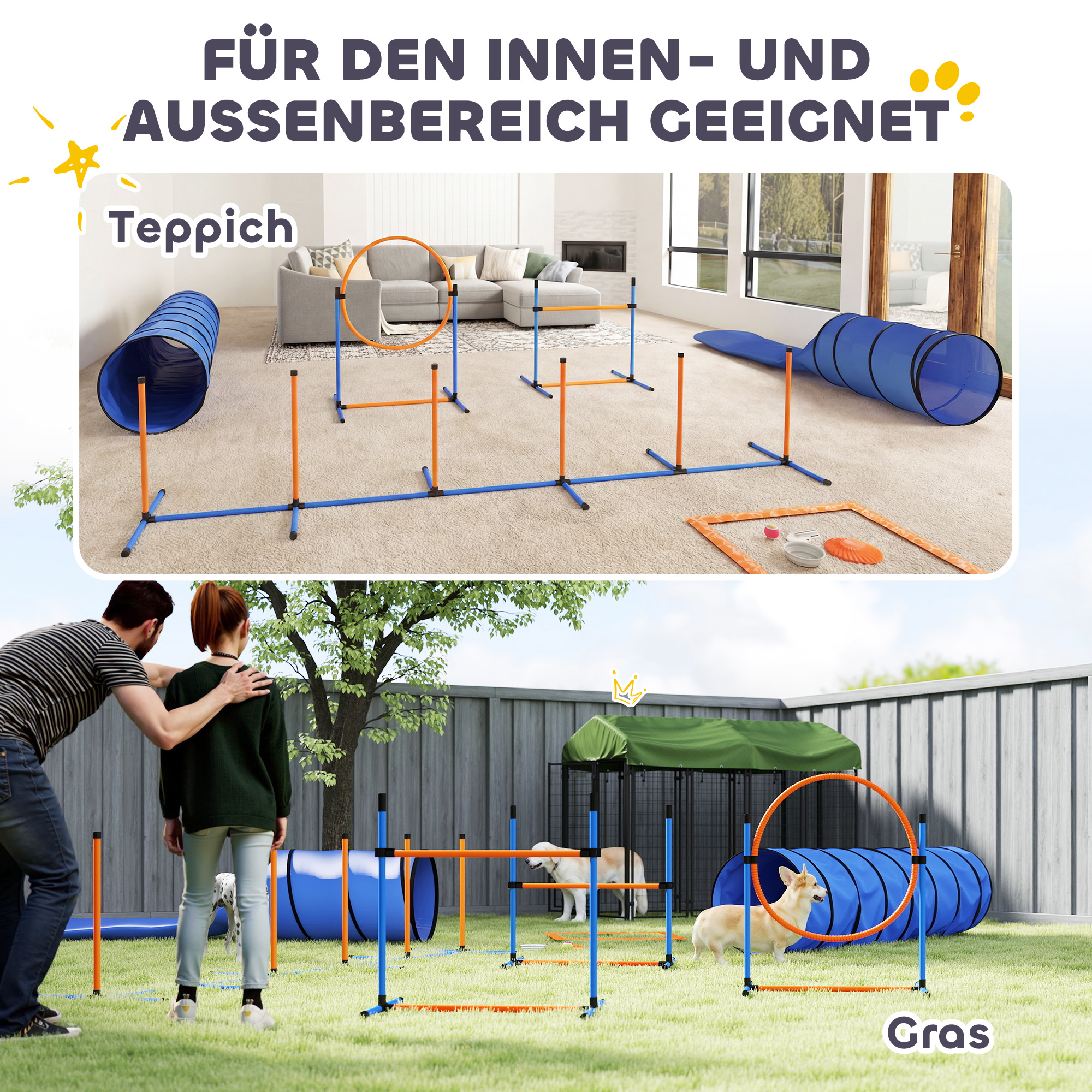 Agility Set Hunde 11-teilig Agility-Ausrüstung für Hunde mit 2 Tunnel Höhenverstellbar Sprungring & Hürden Slalomstange