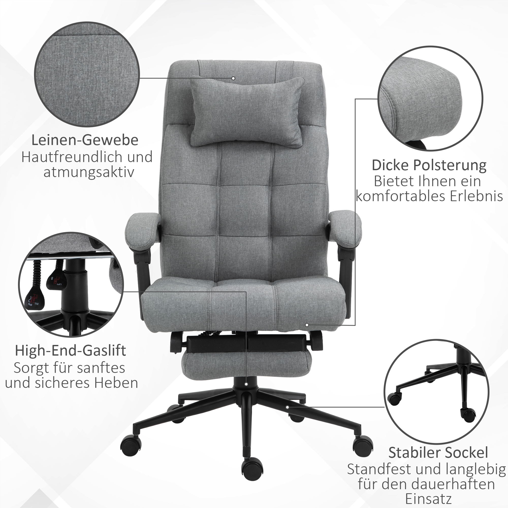 Bürostuhl mit Kopfkissen Armlehne Schreibtischstuhl mit Neigungswinkel Höhenverstellbarer Drehstuhl mit Fußstütze Leinen Schaumstoff PVC Hellgrau 66 x 76 x 112-120 cm
