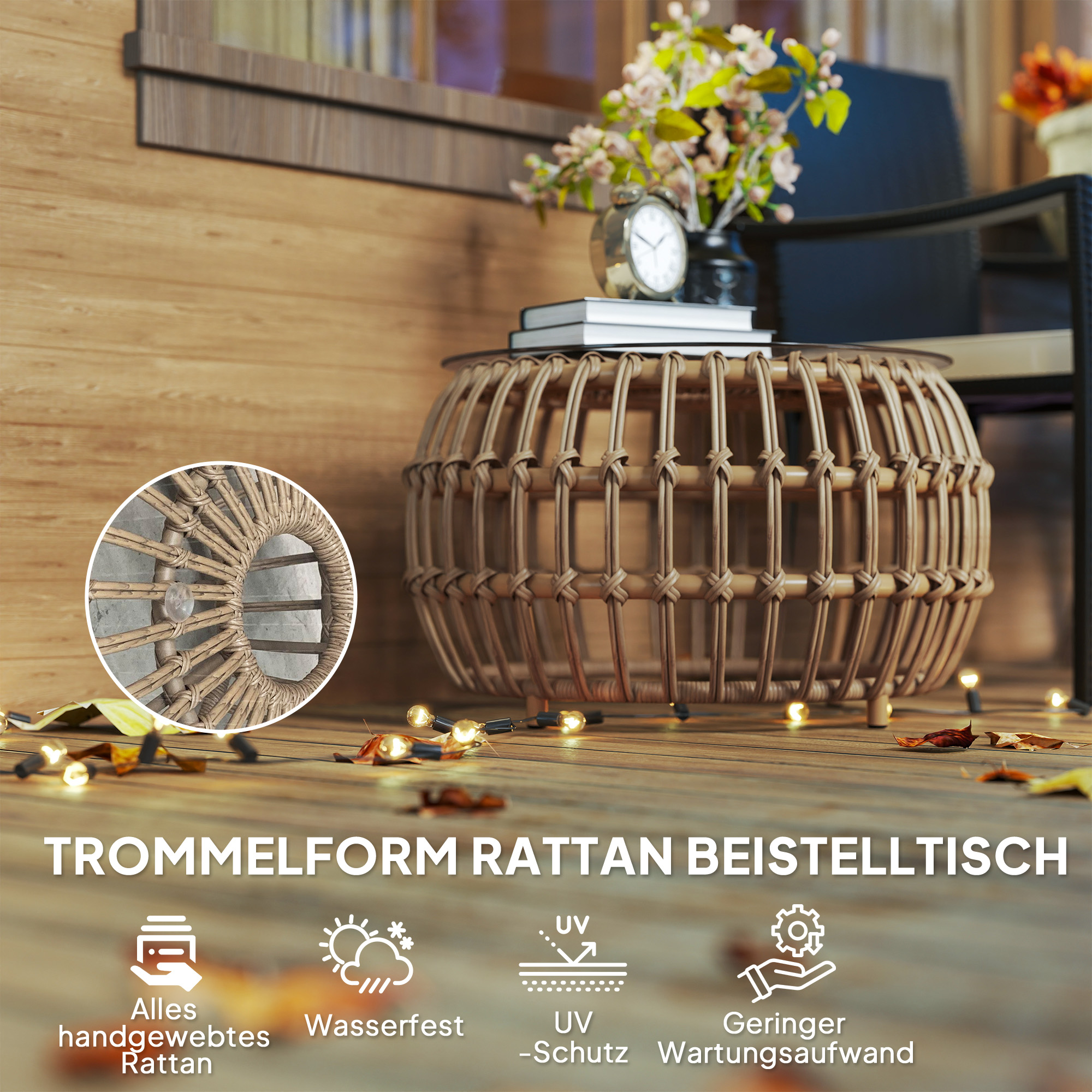 2er Set Beistelltisch Polyrattan Ø66/42 cm rund wetterfest Gartentisch mit Glasplatte Braun