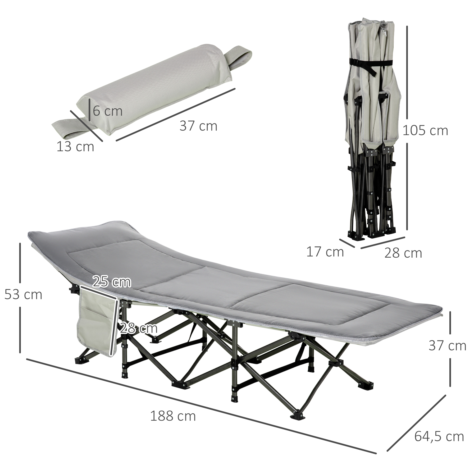 Feldbett faltbar Campingbett mit Matratze Tragetasche 188 x 64,5 x 53 cm Gästebett bis 150 kg belastbar Campingliege für Erwachsene Klappbett für Outdoor, Garten Camping Reisen Hellgrau