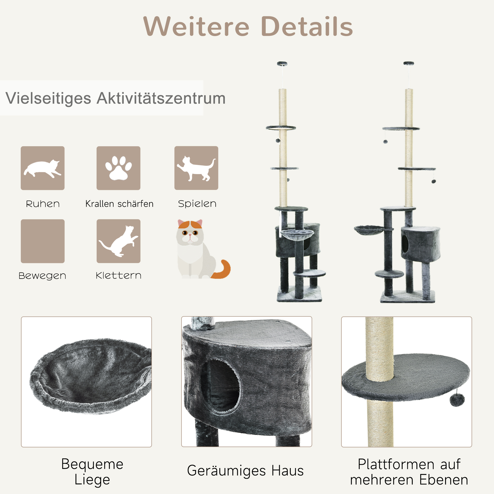 Kratzbaum deckenhoch Höhe 220-265 cm Katzenbaum mit Spielbälle, Katzenhöhle, Hängematte, Sisalstämme, Plattformen mehrstöckiger  Katzenkratzbaum Kletterbaum für mittelgroße Katzen, Dunkelgrau
