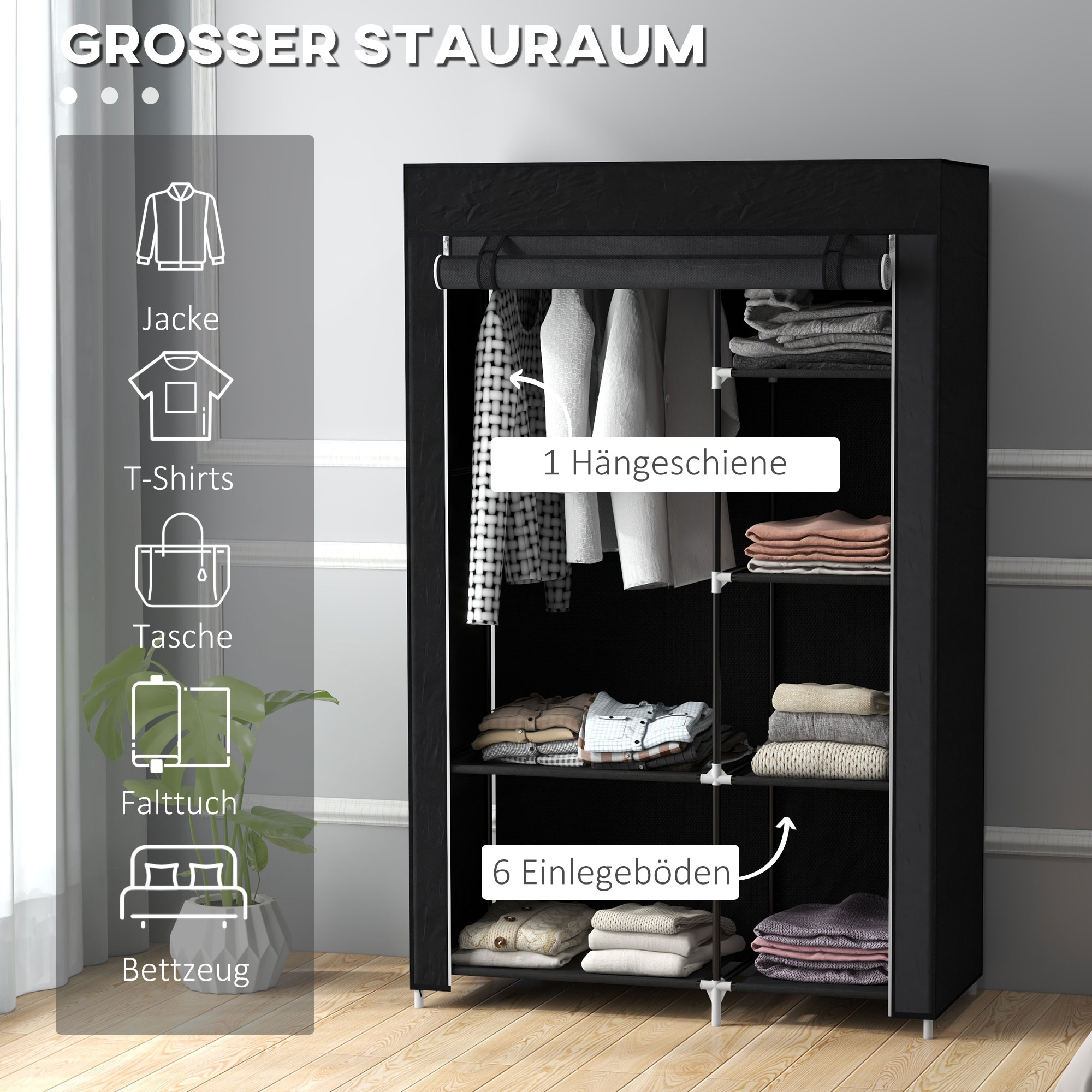 Schrank aus Stoff, Aufbewahrungslösung, 6 Regale, 1 Kleiderstange, Schwarz
