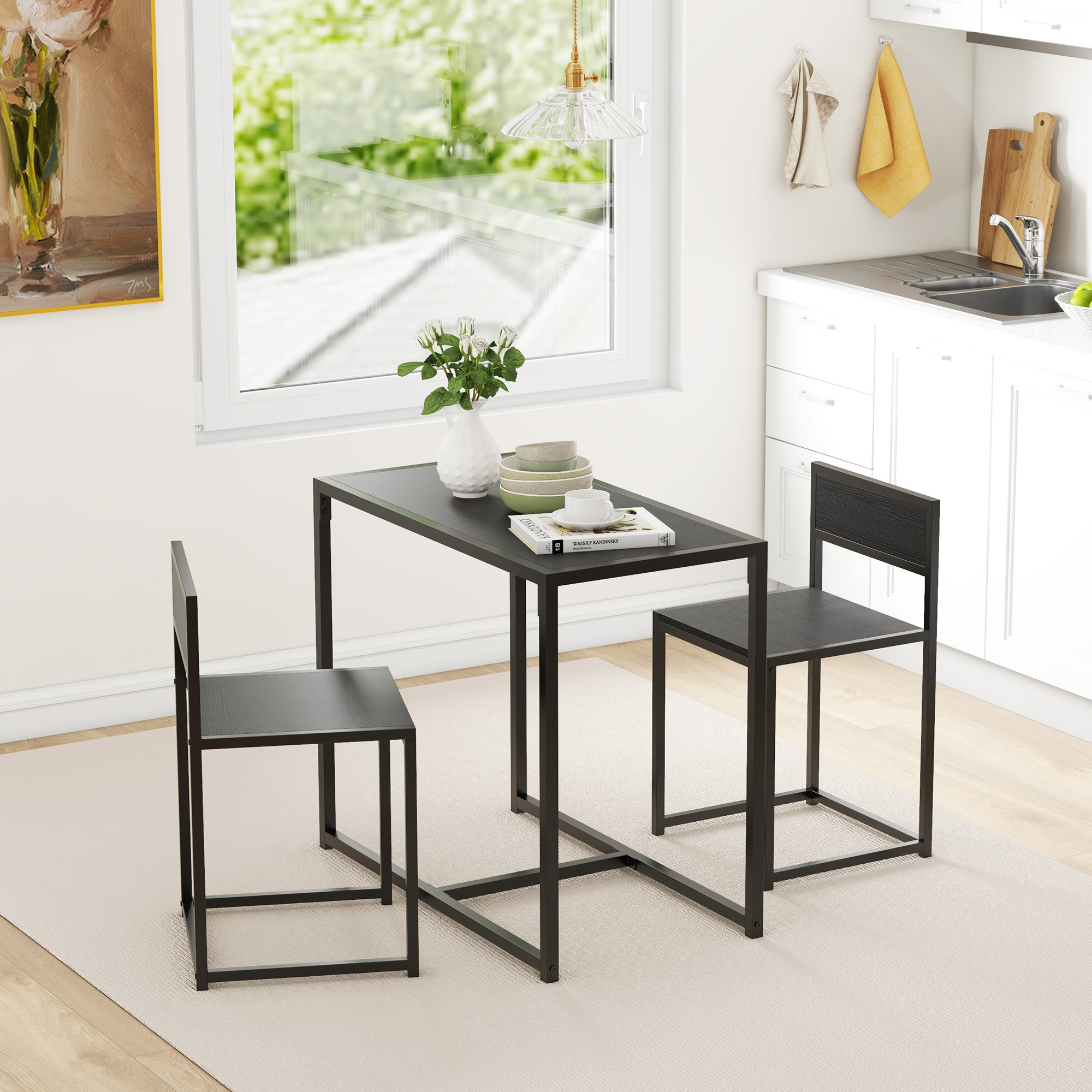3-teiliges Bartisch-Set Hochtisch-Set 3-teilig, 2 Stühle, 1 Tisch, 90 cm x 47 cm x 76  cm, Schwarz