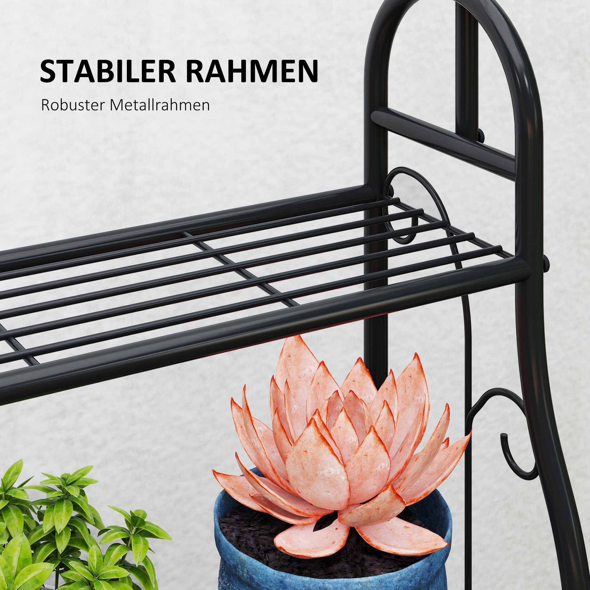 Blumenregal, 3-stufiges Pflanzenregal mit Hängehaken, Metallregal für Blumentöpfe, Indoor- und Outdoor-tauglich, Schwarz