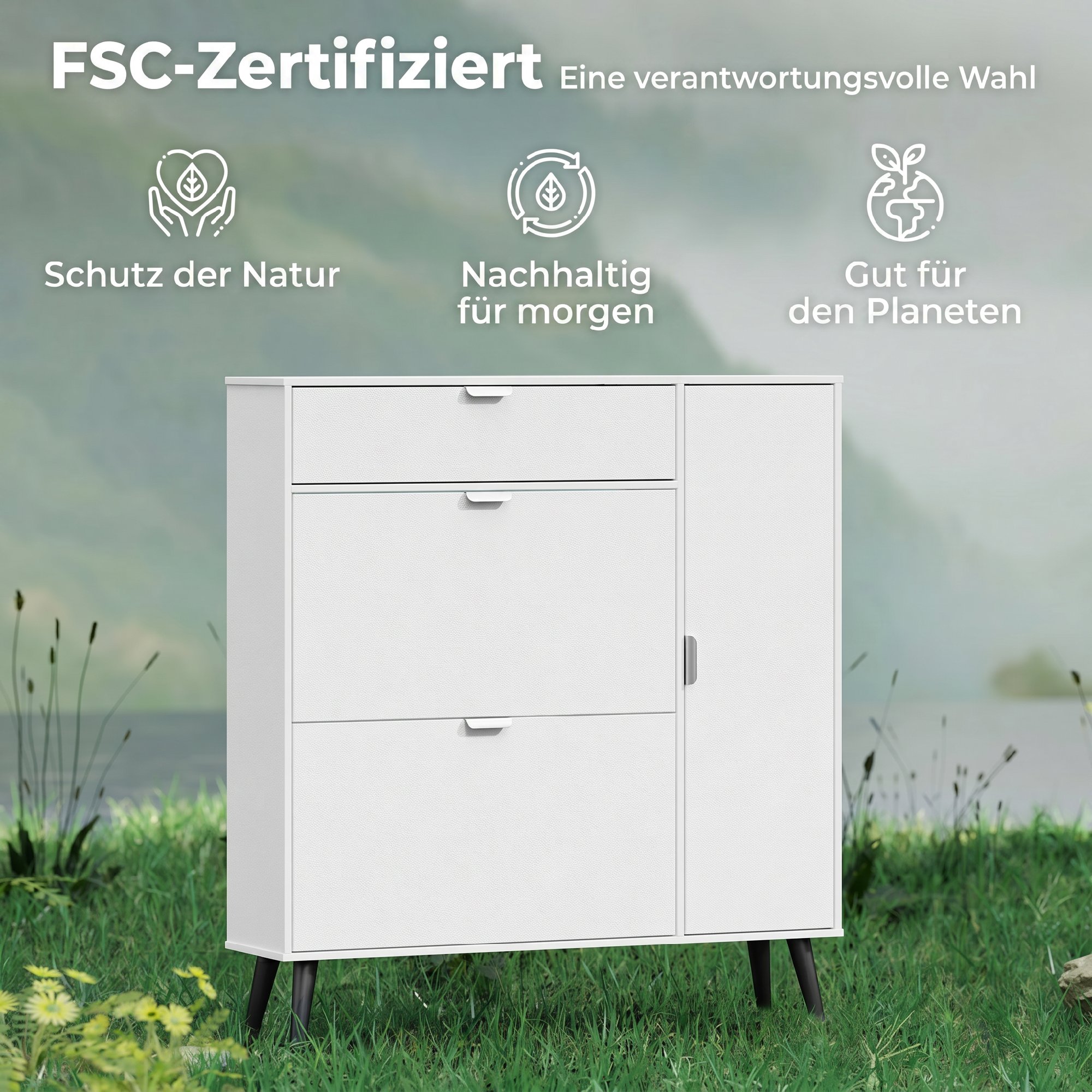 Schmaler Schuhschrank mit 2 Klappfächern, Schuhschrank mit Lychee-Leder-Türen und verstellbaren Regalböden, Weiß