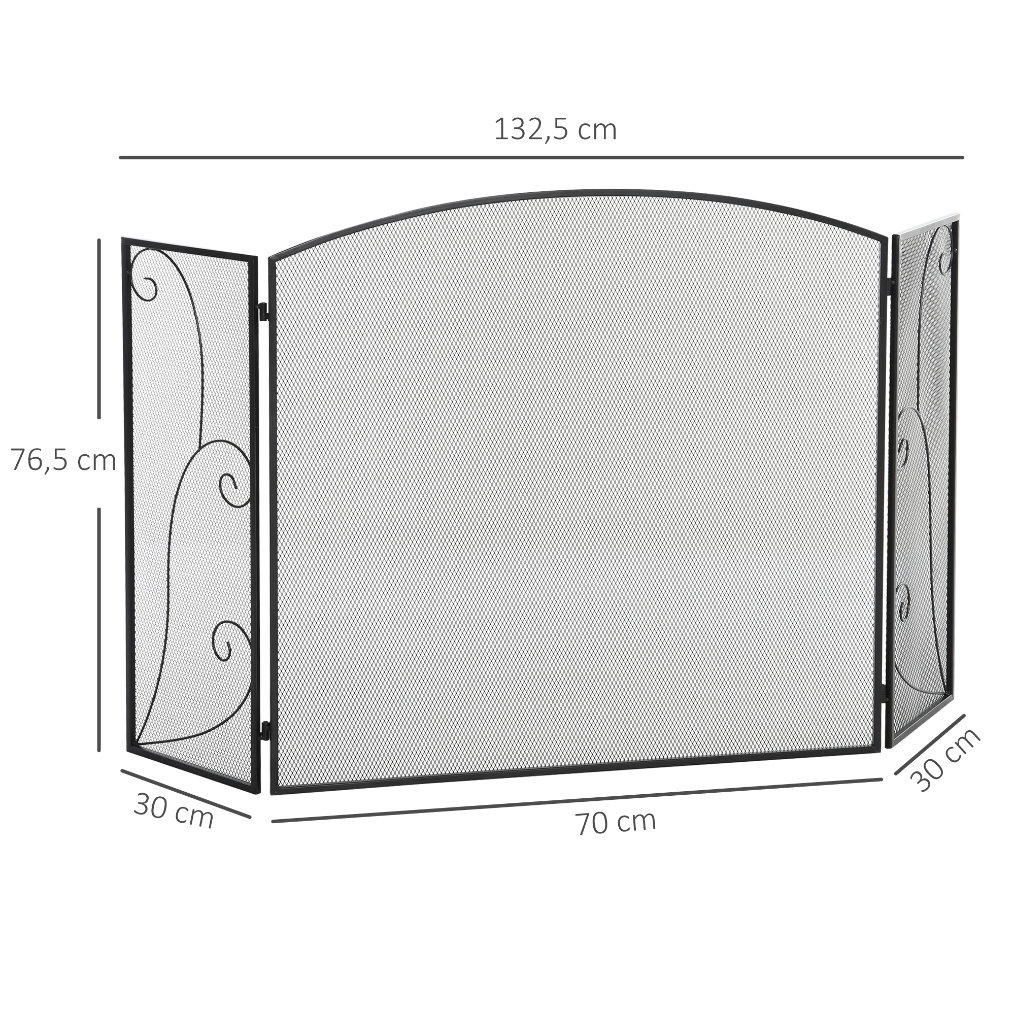 Funkenschutz für Kamine, 3 Paneele, klappbar, flexibel, Metall, schwarz, 132,5 x 76,5cm