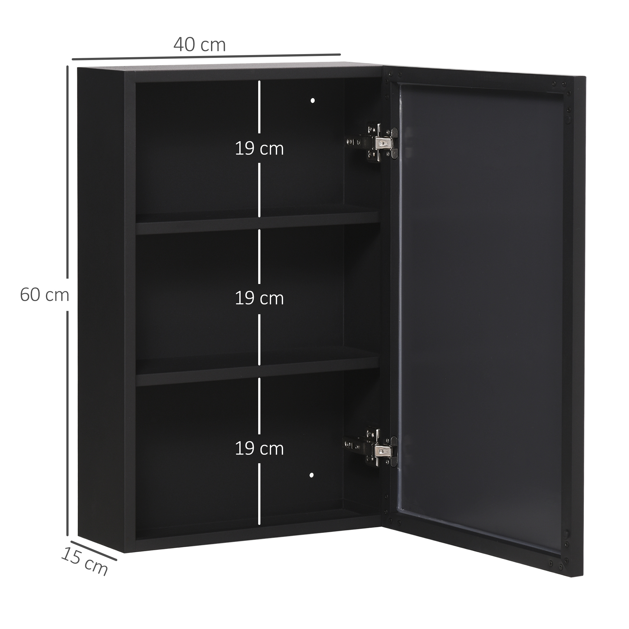 Spiegelschrank, 3 Regalfächer, weiche Scharniere, Stahlgehäuse, schwarz, 40 x 15 x 60 cm